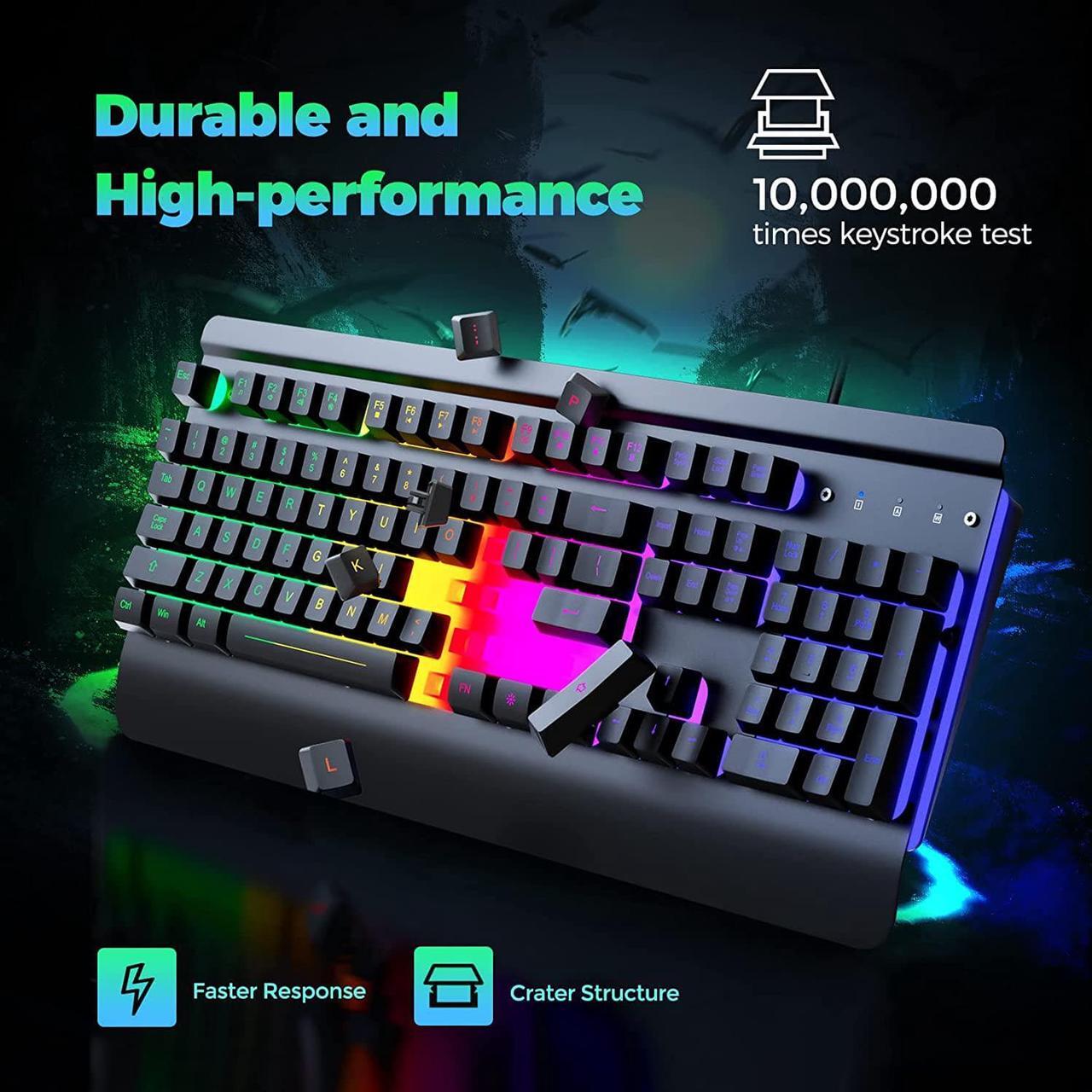 Alt view image 5 of 7 - Dacoity Gaming Keyboard, 104 Keys All-Metal Panel, Rainbow LED Backlit Quiet Computer Keyboard, Wrist Rest, Multimedia Keys, Anti-ghosting Keys, Waterproof Light Up USB Wired Keyboard for PC Mac Xbox