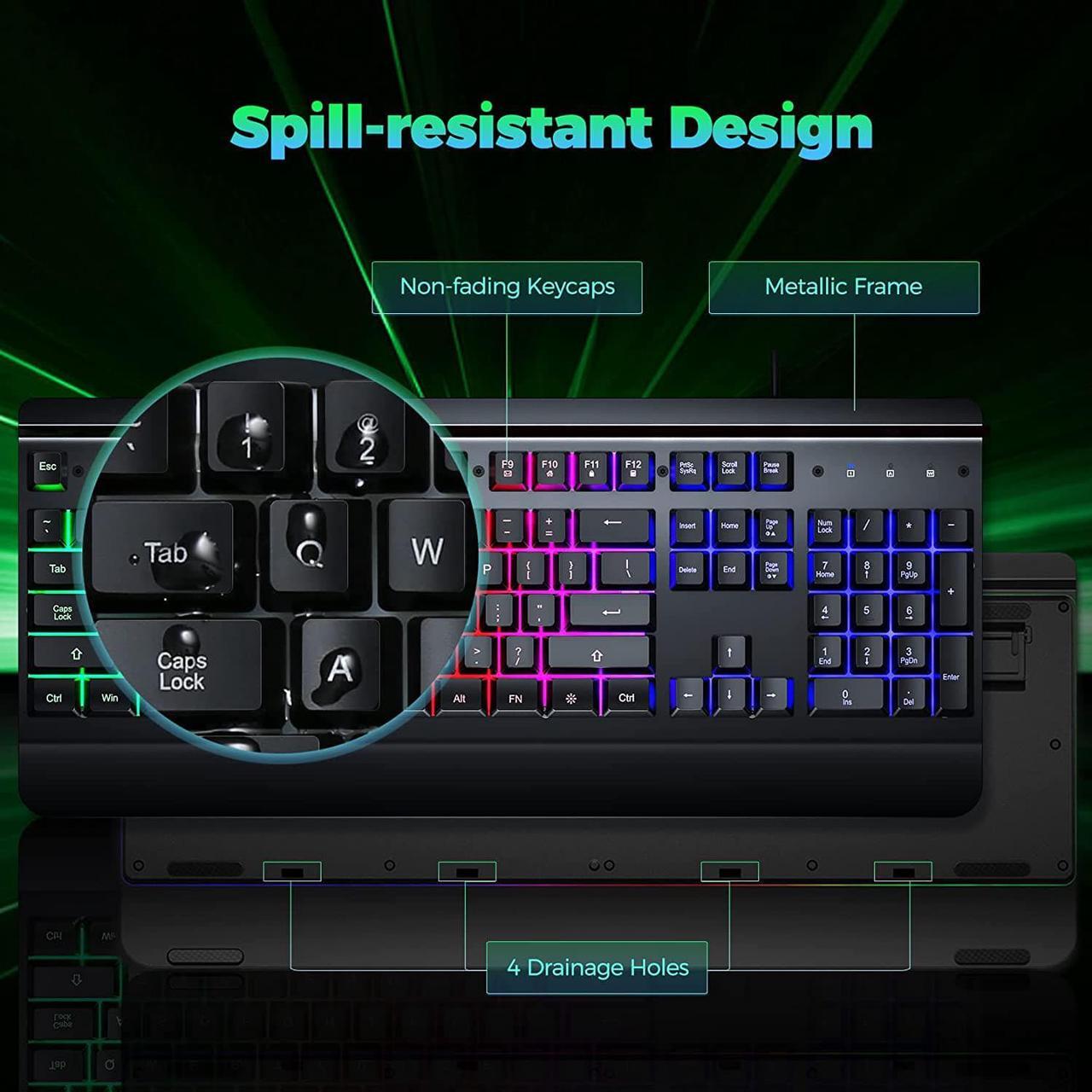 Alt view image 6 of 7 - Dacoity Gaming Keyboard, 104 Keys All-Metal Panel, Rainbow LED Backlit Quiet Computer Keyboard, Wrist Rest, Multimedia Keys, Anti-ghosting Keys, Waterproof Light Up USB Wired Keyboard for PC Mac Xbox
