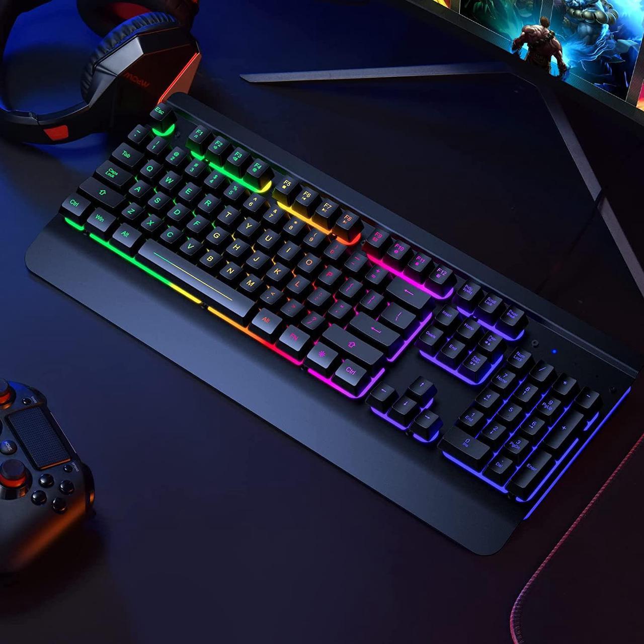 Alt view image 7 of 7 - Dacoity Gaming Keyboard, 104 Keys All-Metal Panel, Rainbow LED Backlit Quiet Computer Keyboard, Wrist Rest, Multimedia Keys, Anti-ghosting Keys, Waterproof Light Up USB Wired Keyboard for PC Mac Xbox
