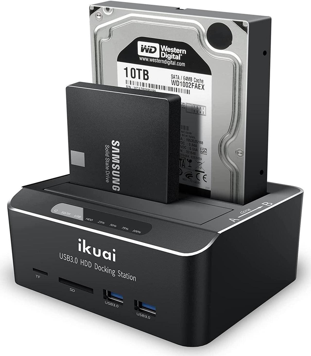 ikuai SATA to USB 3.0 Dual Bay Hard Drive Dock for 2.5"/3.5" SATA HDD SSD with SD TF Card Reader 2 USB 3.0 Port and Offline Clone Function External Hard Drive Docking Station (2X20TB and UASP Support)