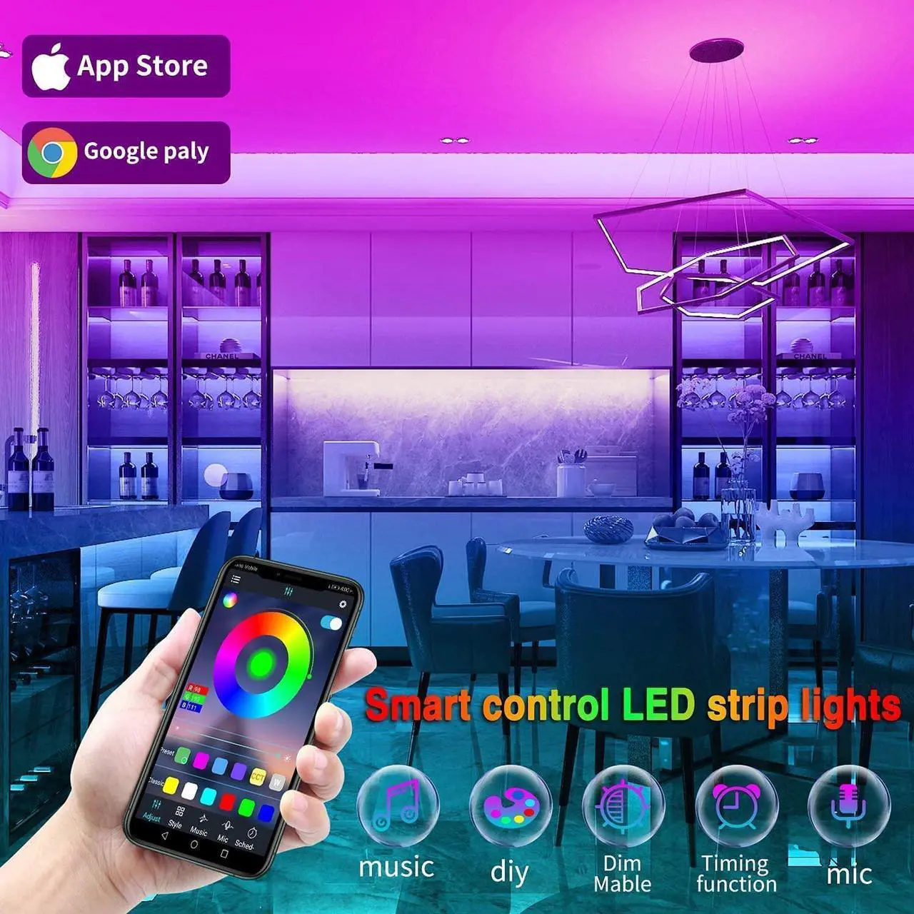 Alt view image 3 of 7 - Led Lights for Bedroom 100ft (2 Rolls of 50ft) Music Sync Color Changing Strip Lights with Remote and App Control RGB Strip for Room Home Party Decoration