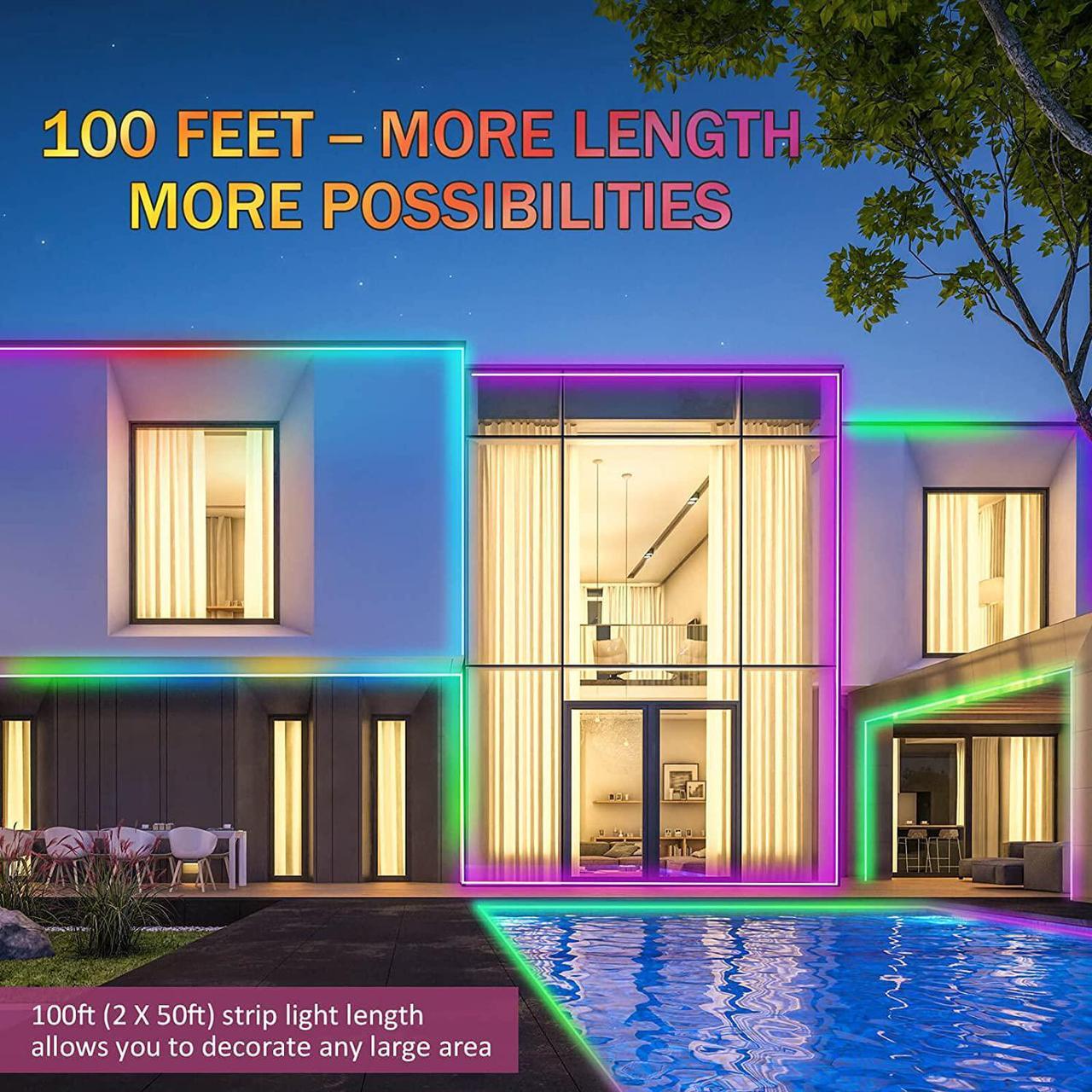 Alt view image 4 of 7 - 100FT Outdoor Led Strip Lights Waterproof Led Light Strips | Work with Alexa and Google Assistant | Smart WiFi Outdoor Led Lights for Bedroom RGB Music Sync Remote &App Controlled Led Rope Lights