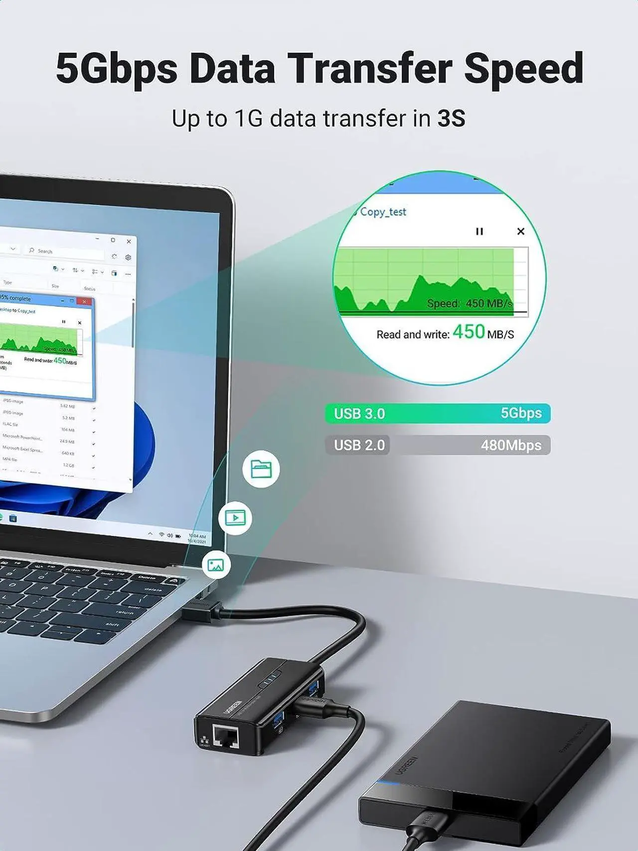 Alt view image 5 of 7 - UGREEN USB 3.0 Hub Ethernet Adapter 10 100 1000 Gigabit Network Converter with 3 USB 3.0 Ports Hub Compatible with Laptop PC Nintendo Switch MacBook Mac Mini Surface XPS Windows Linux macOS, and More