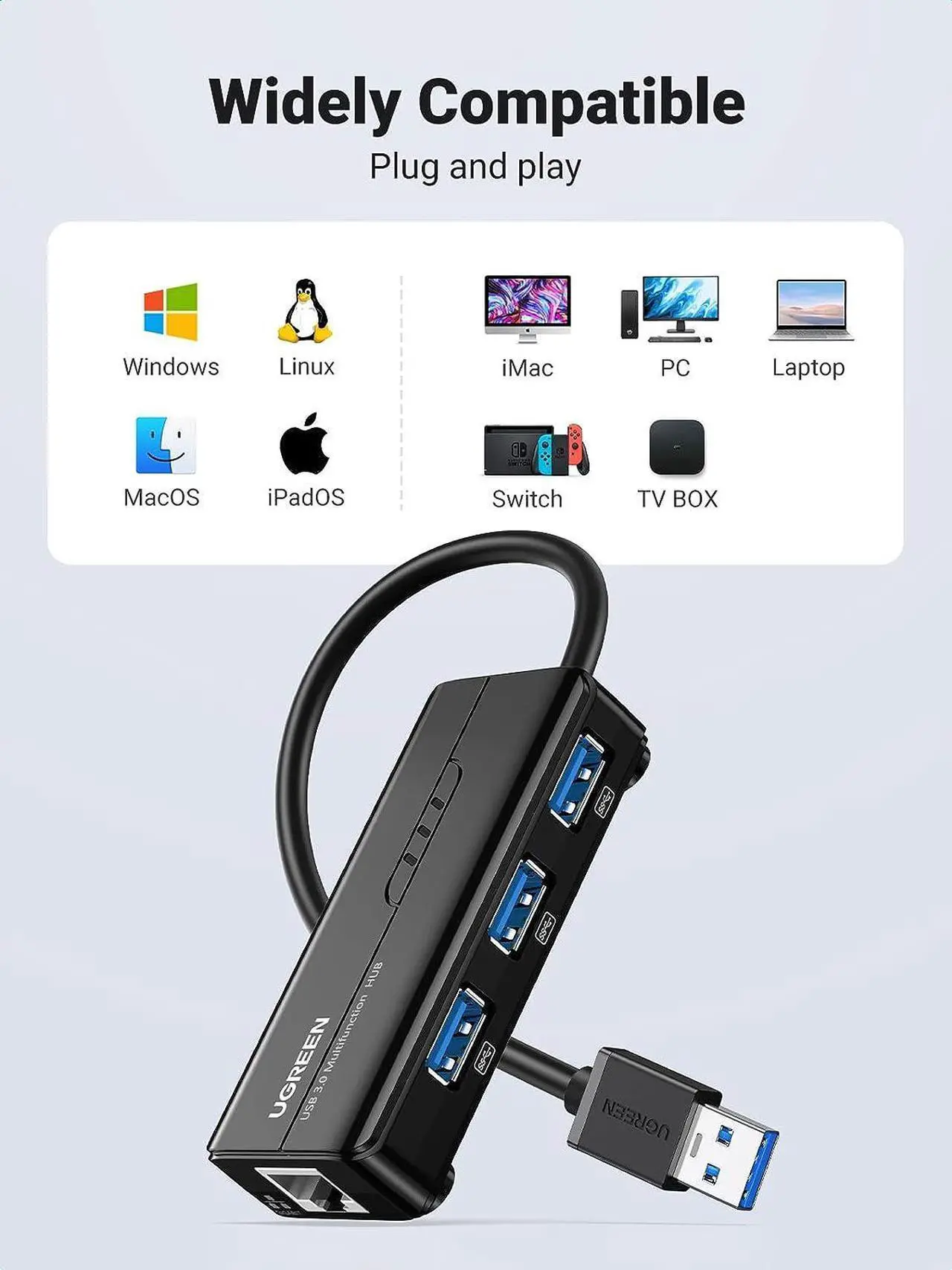 Alt view image 4 of 7 - UGREEN USB 3.0 Hub Ethernet Adapter 10 100 1000 Gigabit Network Converter with 3 USB 3.0 Ports Hub Compatible with Laptop PC Nintendo Switch MacBook Mac Mini Surface XPS Windows Linux macOS, and More