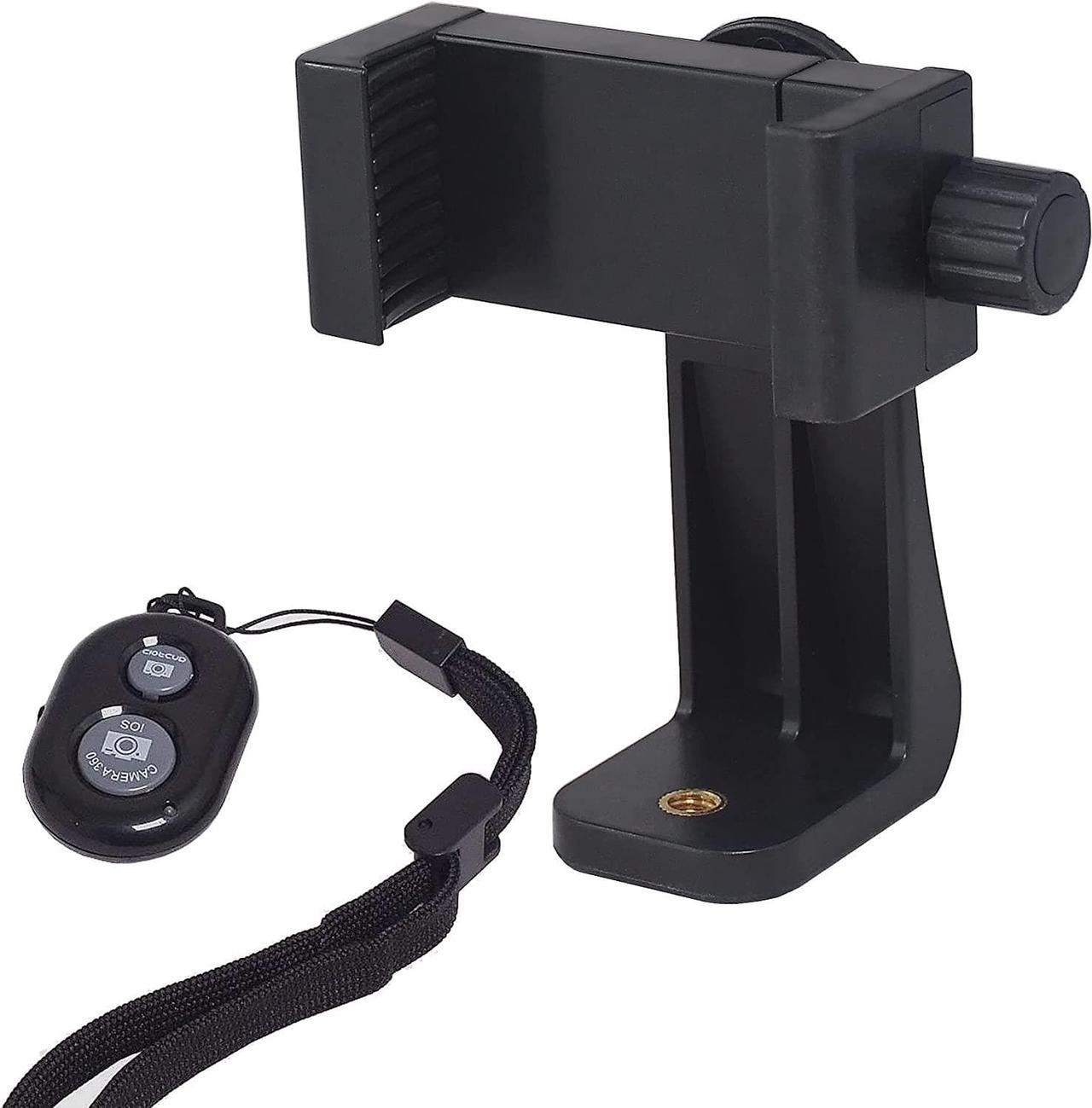 Main image of Phone Tripod Mount Adapter & Smartphone Remote Controller Smartphone Selfies Stick Holder Clip Compatible with iPhone Samsung and All Cell Phones Rotates Vertical Horizontal Adjustable Clamp