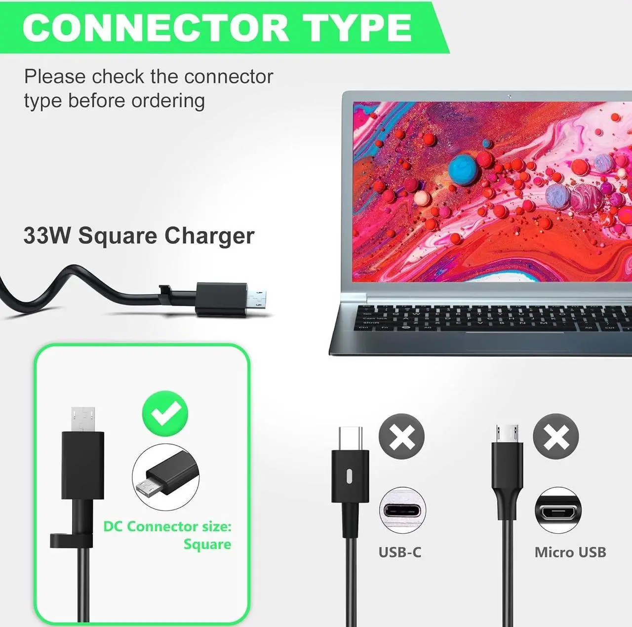 Alt view image 2 of 7 - 33W 19V 1.75A Laptop Charger for Asus Chromebook Flip C100PA C100P C100 C201 C201P C201PA Eeebook X205 X205T X205TA Vivobook E200H E200HA AD890526 ADP-33AW ADP-33AW Connector Type: Small Square Tip