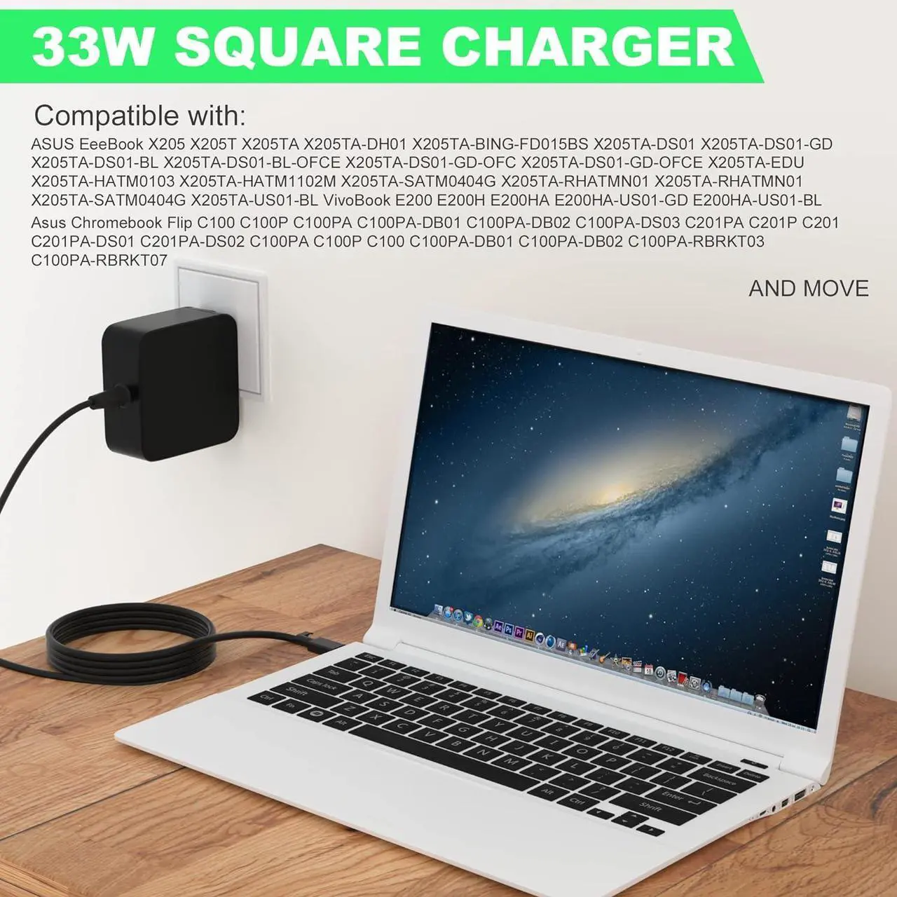 Alt view image 6 of 7 - 33W 19V 1.75A Laptop Charger for Asus Chromebook Flip C100PA C100P C100 C201 C201P C201PA Eeebook X205 X205T X205TA Vivobook E200H E200HA AD890526 ADP-33AW ADP-33AW Connector Type: Small Square Tip