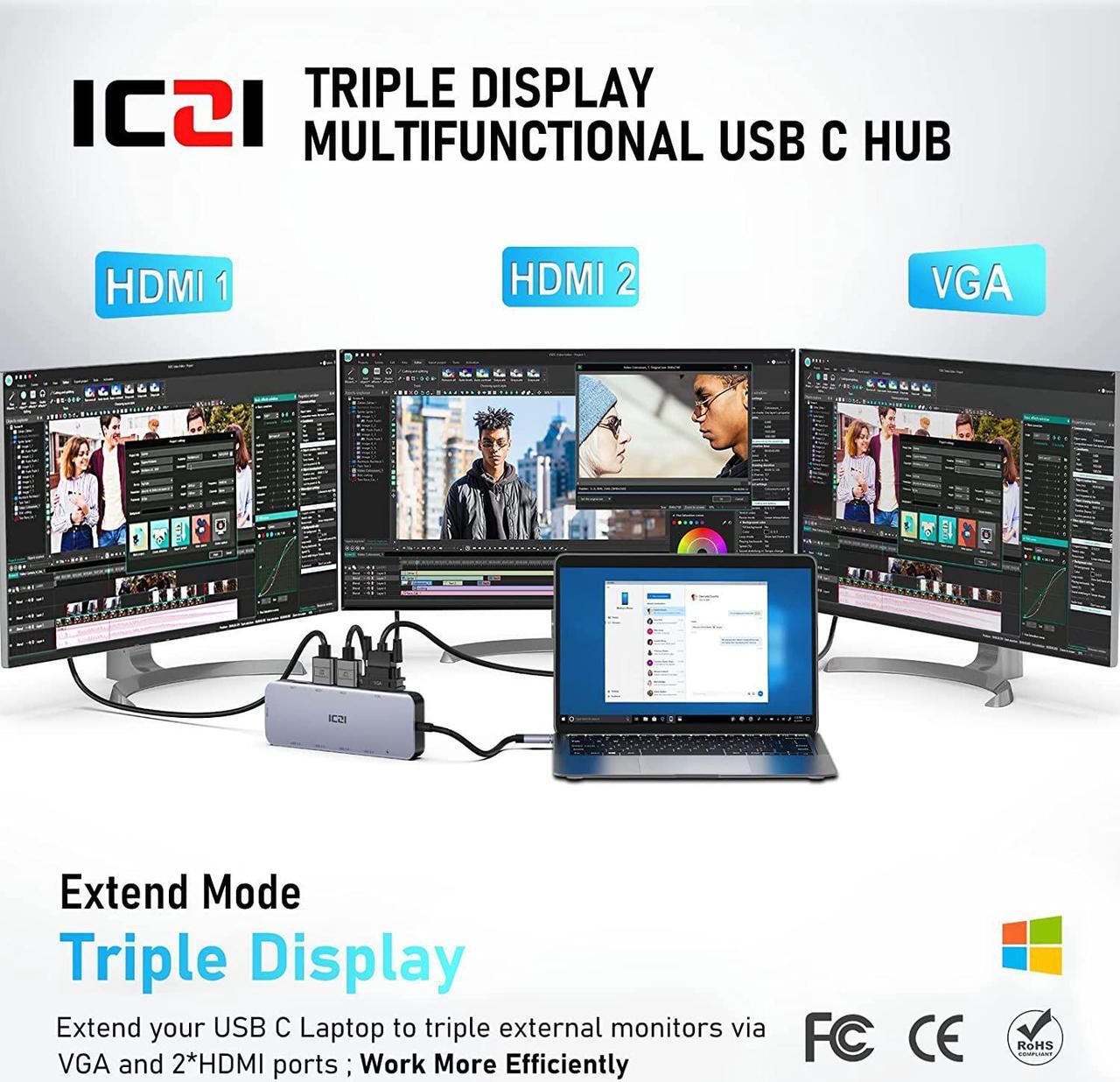 Alt view image 2 of 7 - USB C Docking Station Dual Monitor, ICZI 11 in 1 Triple Display USB C Hub Multiport Adapter for MacBook/Dell/HP/Lenovo/Surface Pro Laptop, USB C Dongle(2 HDMI 4K+VGA+100W PD+4 USB Port+Ethernet+SD/TF)