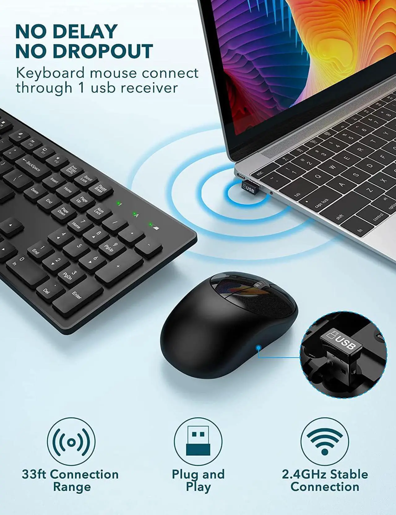 Alt view image 2 of 7 - Wireless Keyboard and Mouse, WisFox USB Computer Keyboard with Silent Keys, Long Battery Life, 2.4GHz Full-Size Lag-Free Cordless Combo for PC Laptops Windows Mac Chrome OS (Black)