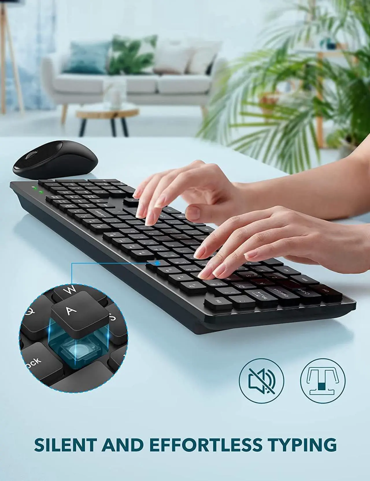 Alt view image 3 of 7 - Wireless Keyboard and Mouse, WisFox USB Computer Keyboard with Silent Keys, Long Battery Life, 2.4GHz Full-Size Lag-Free Cordless Combo for PC Laptops Windows Mac Chrome OS (Black)