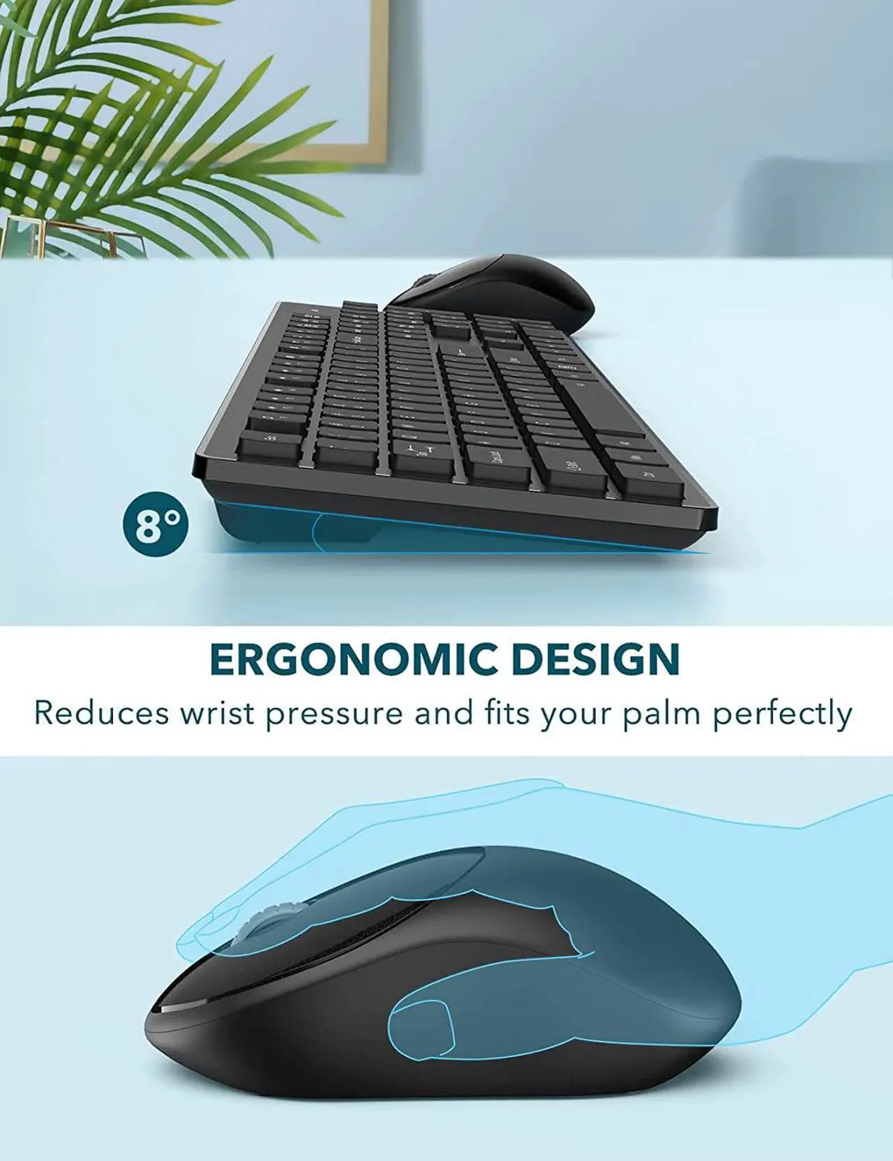 Alt view image 4 of 7 - Wireless Keyboard and Mouse, WisFox USB Computer Keyboard with Silent Keys, Long Battery Life, 2.4GHz Full-Size Lag-Free Cordless Combo for PC Laptops Windows Mac Chrome OS (Black)