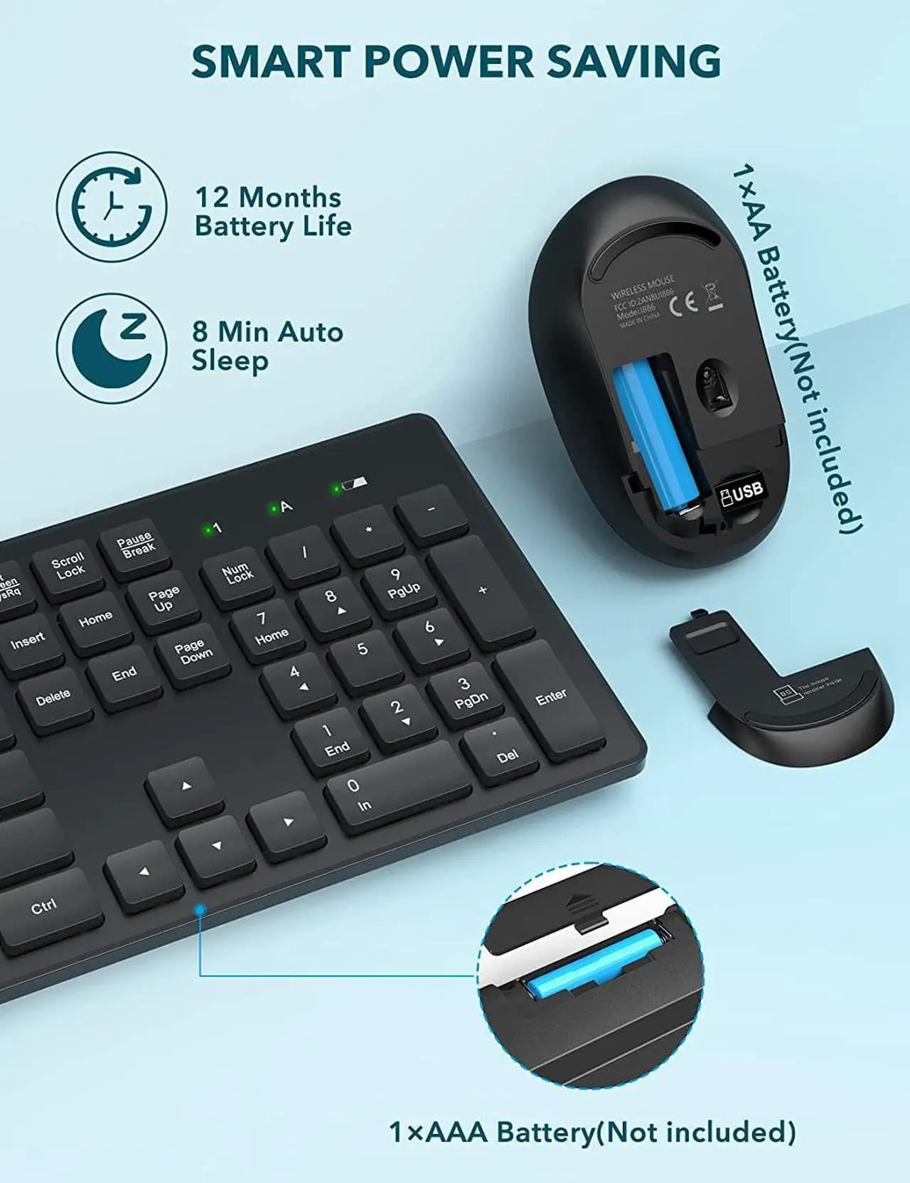 Alt view image 5 of 7 - Wireless Keyboard and Mouse, WisFox USB Computer Keyboard with Silent Keys, Long Battery Life, 2.4GHz Full-Size Lag-Free Cordless Combo for PC Laptops Windows Mac Chrome OS (Black)