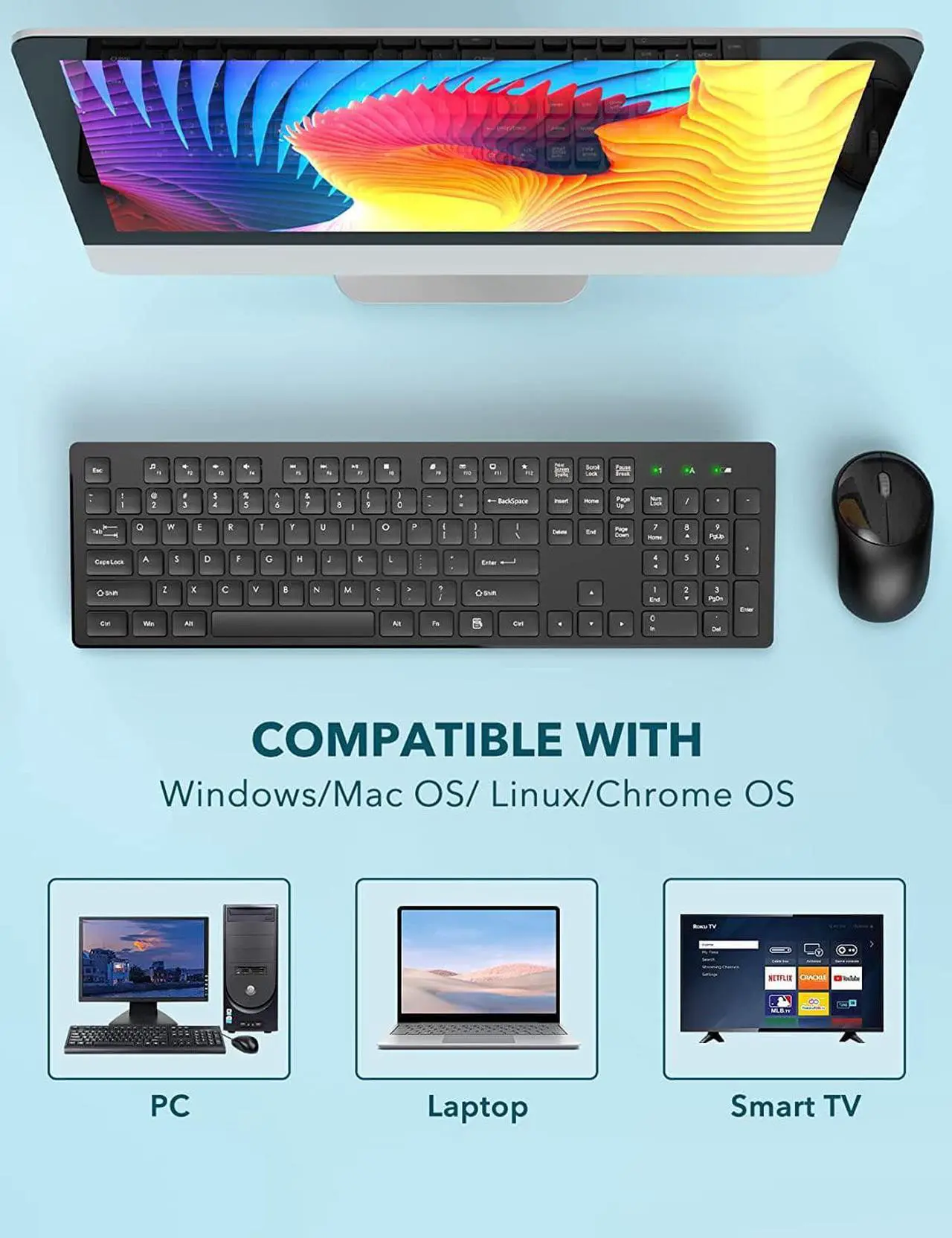 Alt view image 7 of 7 - Wireless Keyboard and Mouse, WisFox USB Computer Keyboard with Silent Keys, Long Battery Life, 2.4GHz Full-Size Lag-Free Cordless Combo for PC Laptops Windows Mac Chrome OS (Black)