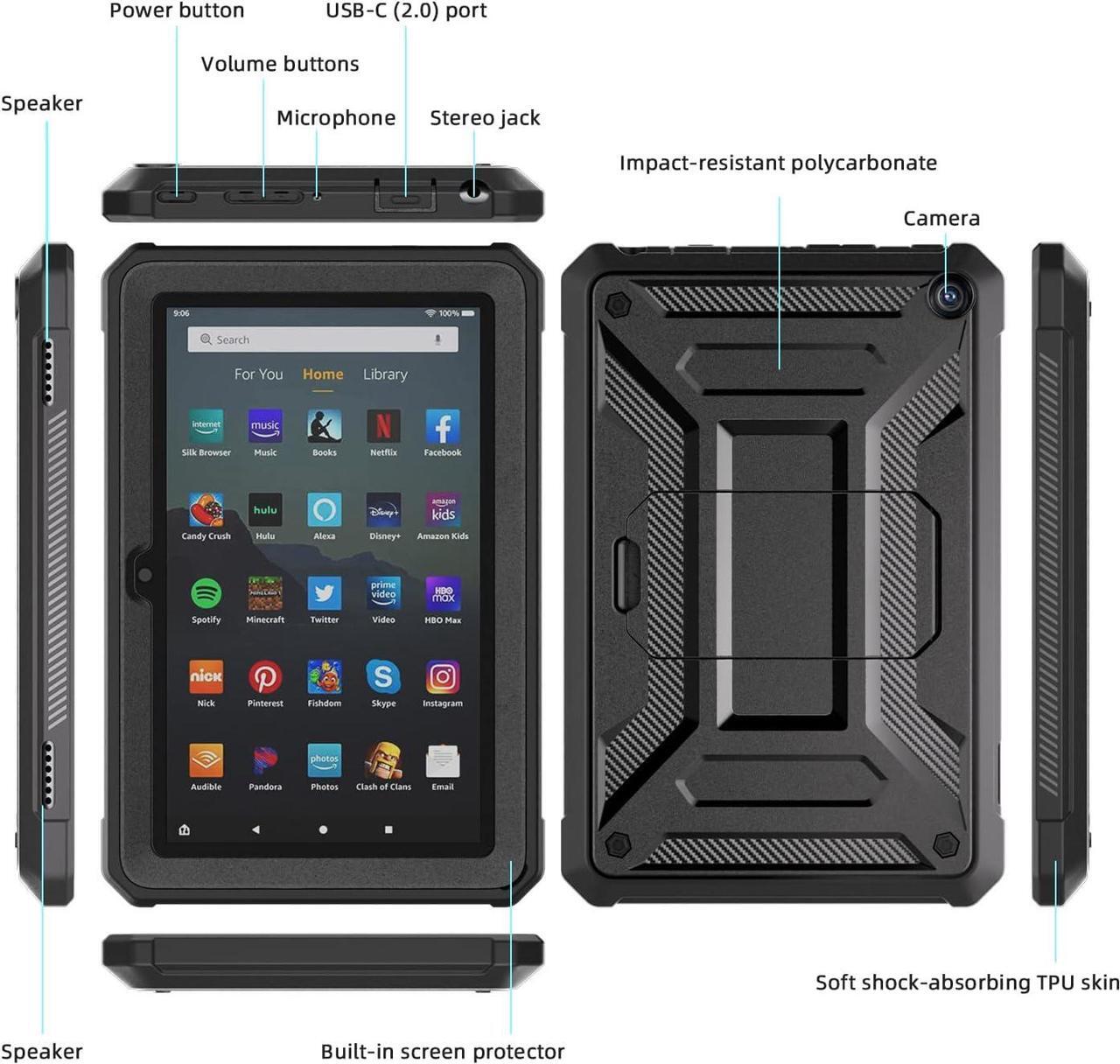 Alt view image 3 of 7 - Fire HD 8 & HD 8 Plus Tablet Case (Only 12th Gen 2024/2022) - [Light-Duty] Full Body Rugged Cover with Built-in Screen Protector for Kindle Fire HD 8 Kids Tablet & Kids Pro Tablet - Black