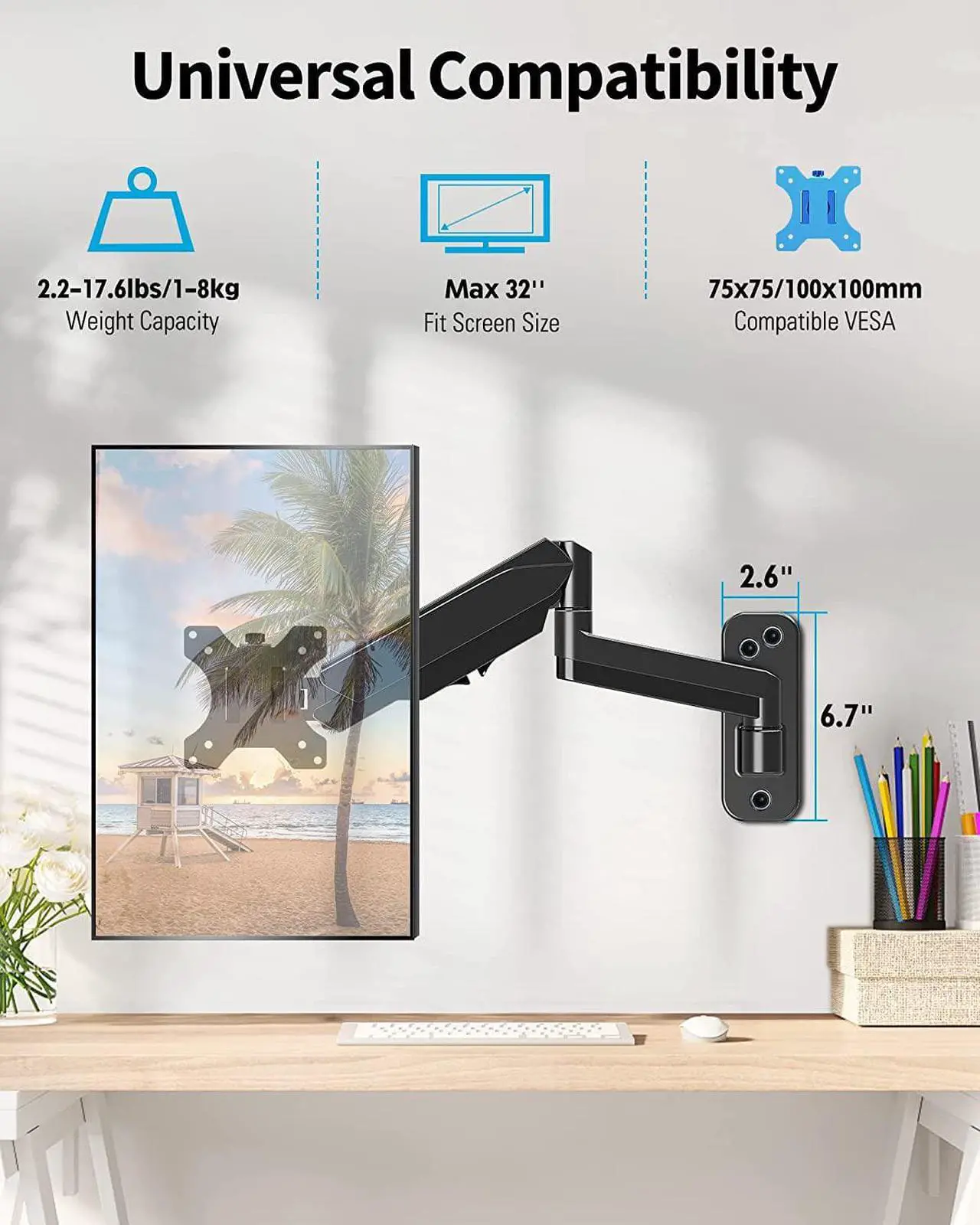 Alt view image 3 of 7 - MOUNTUP Single Monitor Wall Mount for Max 32 Inch Computer Screen, Fully Adjustable Gas Spring Monitor Arm, Wall Mounted Monitor Holder Support 2.2-17.6lbs Display, VESA Bracket Fit 75x75mm, 100x100mm
