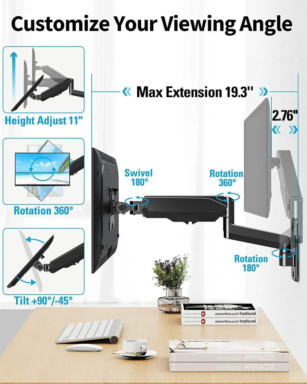 Alt view image 4 of 7 - MOUNTUP Single Monitor Wall Mount for Max 32 Inch Computer Screen, Fully Adjustable Gas Spring Monitor Arm, Wall Mounted Monitor Holder Support 2.2-17.6lbs Display, VESA Bracket Fit 75x75mm, 100x100mm