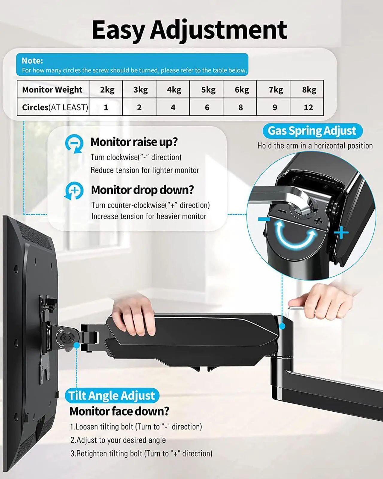 Alt view image 2 of 7 - MOUNTUP Single Monitor Wall Mount for Max 32 Inch Computer Screen, Fully Adjustable Gas Spring Monitor Arm, Wall Mounted Monitor Holder Support 2.2-17.6lbs Display, VESA Bracket Fit 75x75mm, 100x100mm