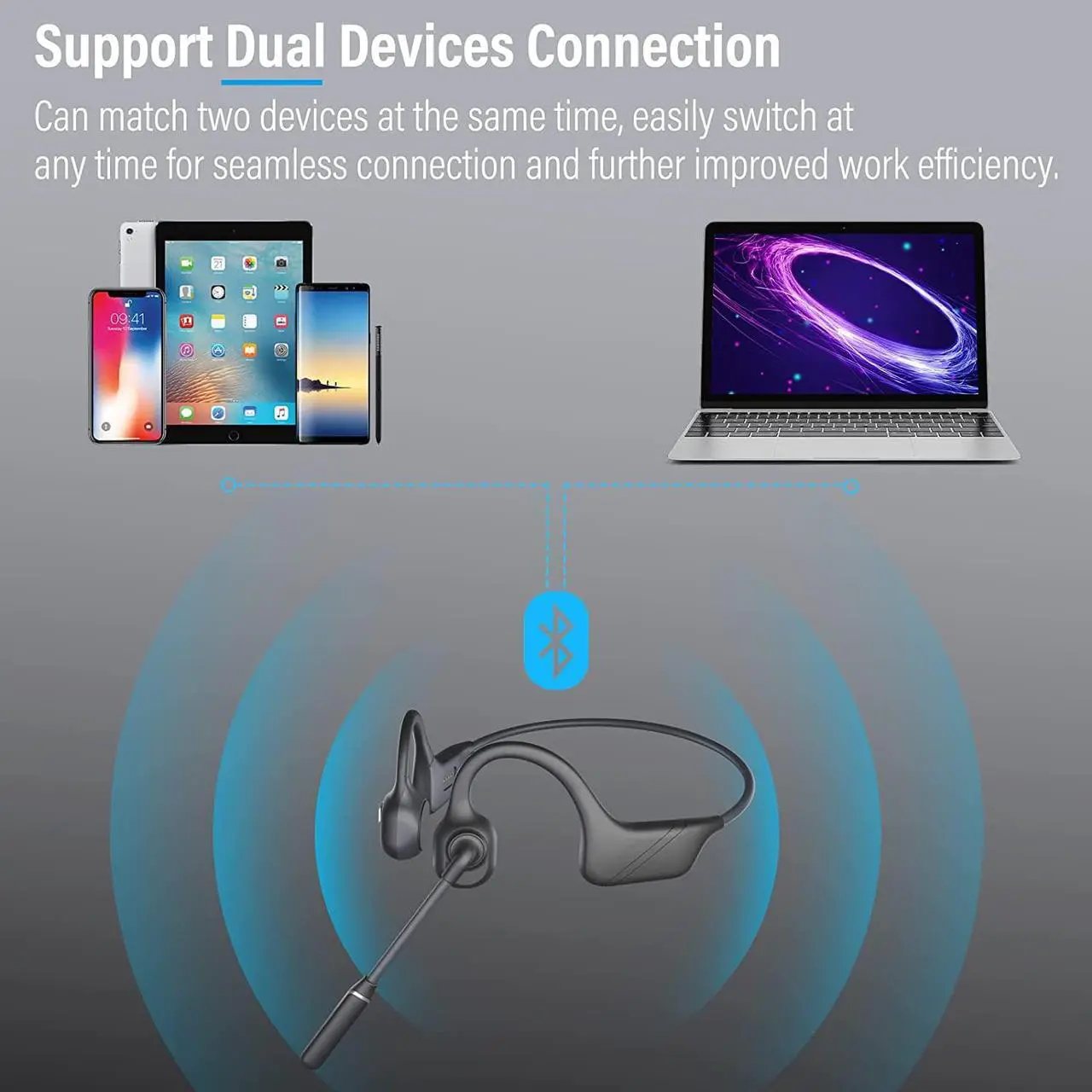 Alt view image 6 of 7 - MONODEAL Bone Conduction Headphones with Mic, Bluetooth 5.3 Open Ear Headphones with Noise-Canceling Boom Microphone, Wireless Headset Earphones for Work, Driving, Home Office Commercial