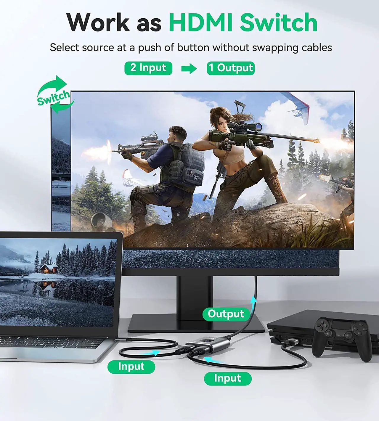 Alt view image 3 of 7 - HDMI Switch 4k@60hz Splitter, GANA Aluminum Bidirectional HDMI Switcher 2 in 1 Out, Manual HDMI Hub Supports HD Compatible with Xbox PS5/4/3 Blu-Ray Player Fire Stick Roku