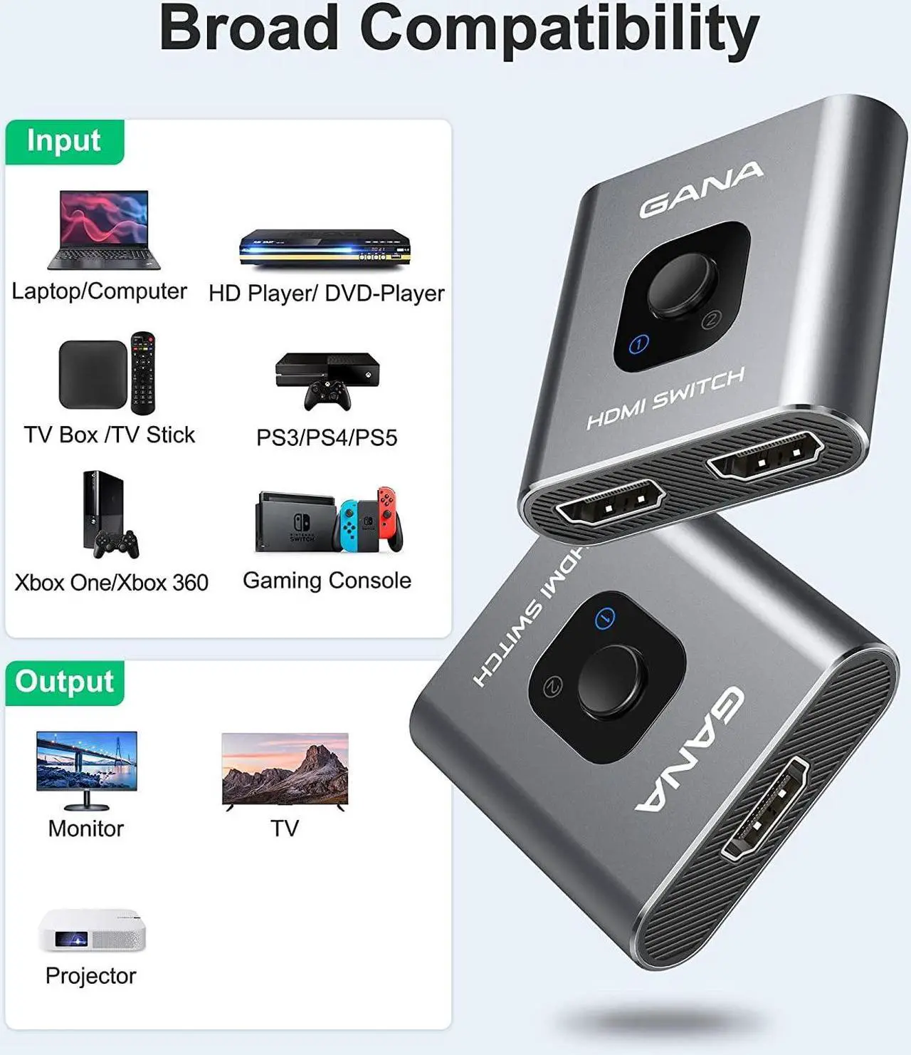Alt view image 5 of 7 - HDMI Switch 4k@60hz Splitter, GANA Aluminum Bidirectional HDMI Switcher 2 in 1 Out, Manual HDMI Hub Supports HD Compatible with Xbox PS5/4/3 Blu-Ray Player Fire Stick Roku