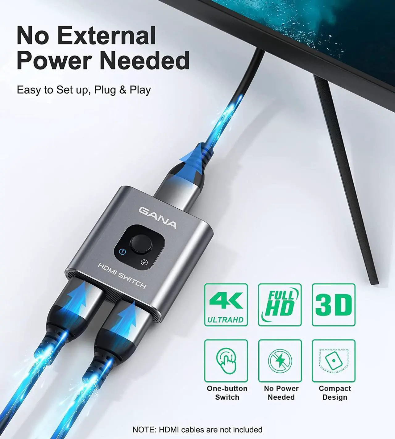 Alt view image 6 of 7 - HDMI Switch 4k@60hz Splitter, GANA Aluminum Bidirectional HDMI Switcher 2 in 1 Out, Manual HDMI Hub Supports HD Compatible with Xbox PS5/4/3 Blu-Ray Player Fire Stick Roku