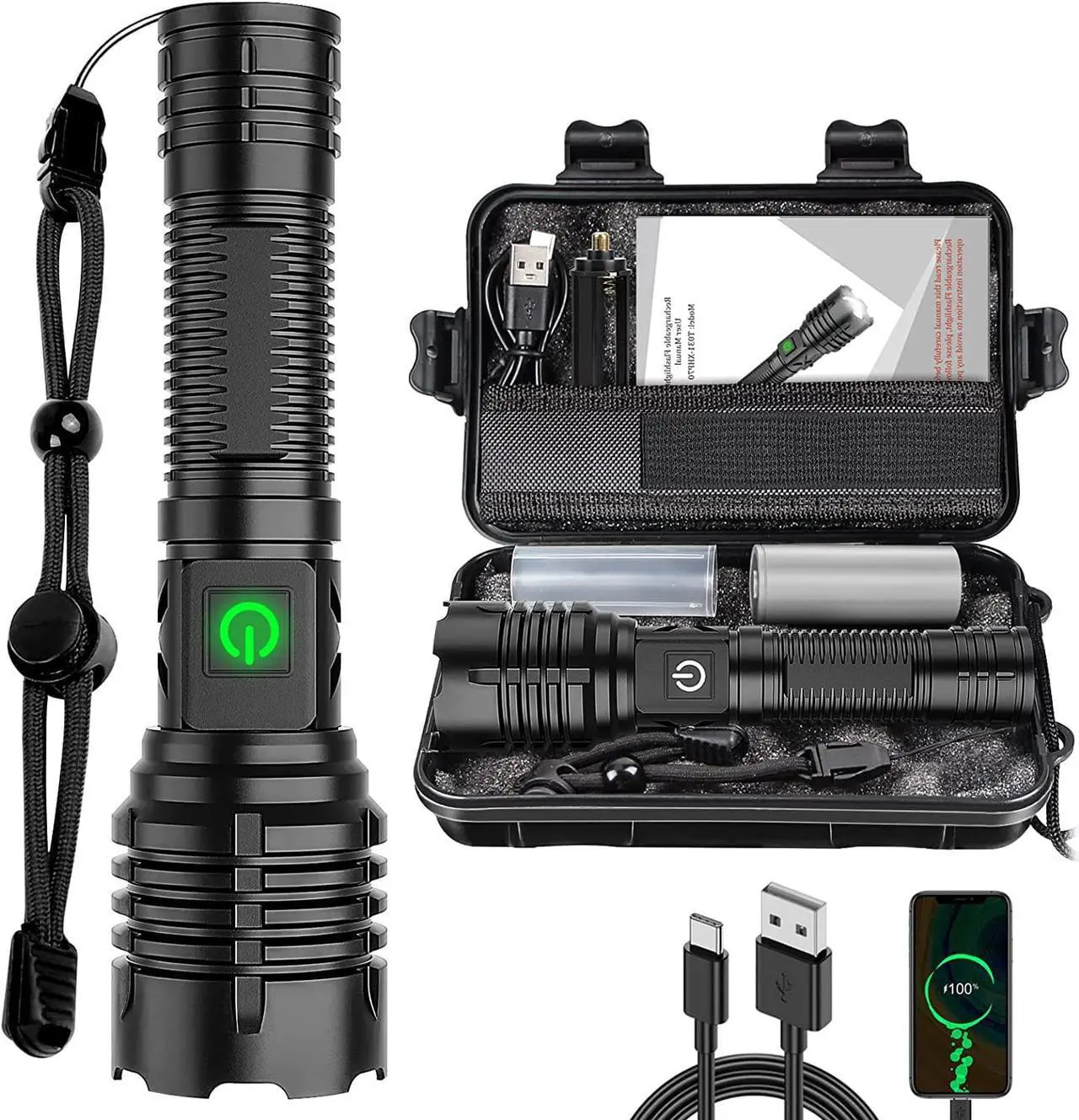 Main image of Flashlights High Lumens Rechargeable (Battery Included), 100000 Lumens XHP70.2 Super Bright LED Flashlight with Holster, Type-C, 5 Modes, Zoomable, IPX6 Waterproof Flashlights for Emergency Camping