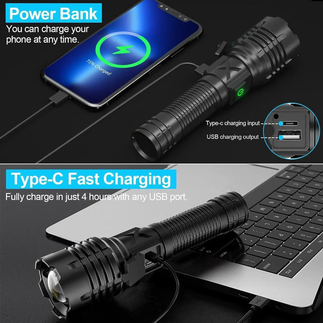 Alt view image 3 of 7 - Flashlights High Lumens Rechargeable (Battery Included), 100000 Lumens XHP70.2 Super Bright LED Flashlight with Holster, Type-C, 5 Modes, Zoomable, IPX6 Waterproof Flashlights for Emergency Camping
