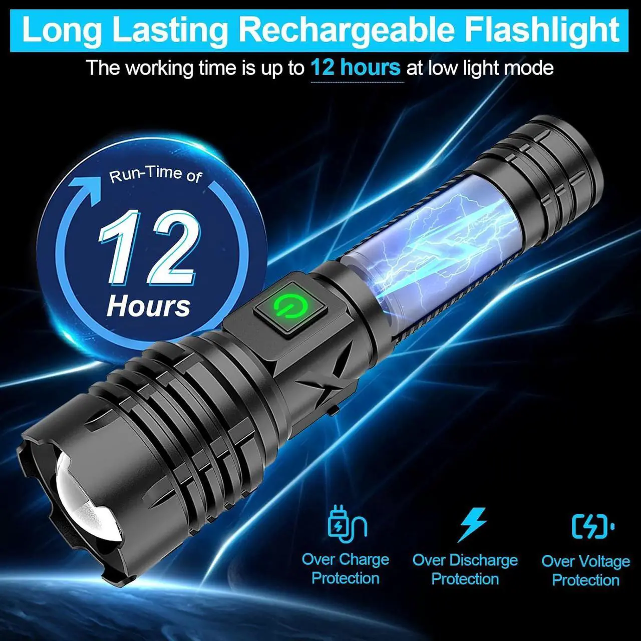 Alt view image 7 of 7 - Flashlights High Lumens Rechargeable (Battery Included), 100000 Lumens XHP70.2 Super Bright LED Flashlight with Holster, Type-C, 5 Modes, Zoomable, IPX6 Waterproof Flashlights for Emergency Camping
