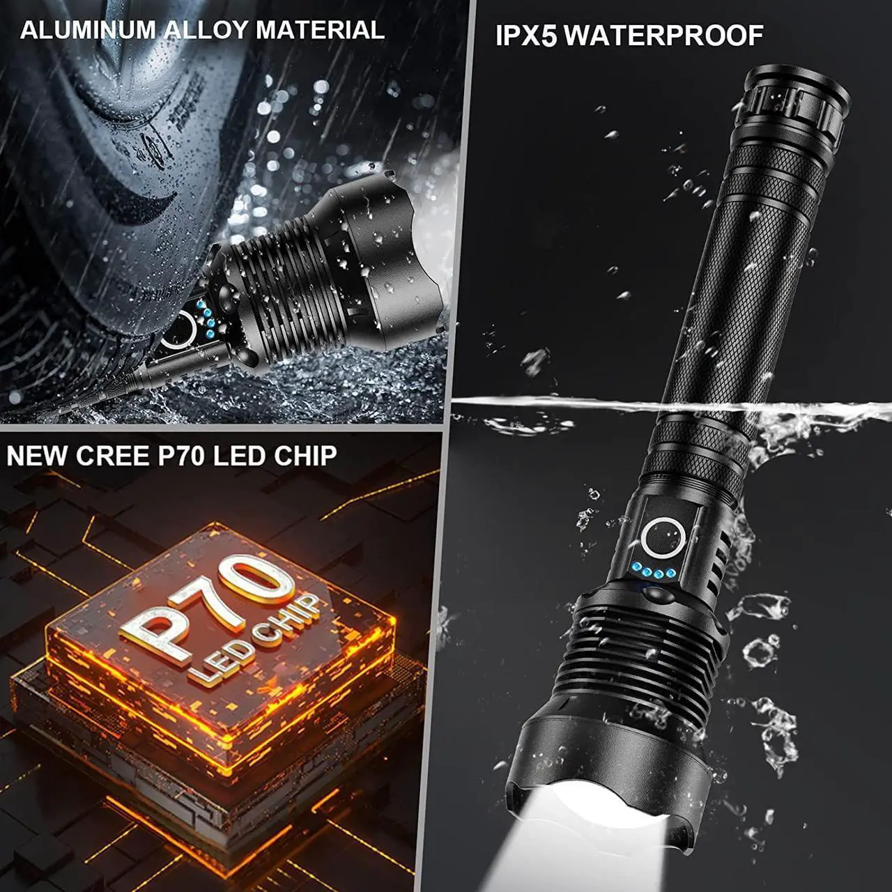Alt view image 5 of 7 - BERCOL Rechargeable LED Flashlights High Lumens, Super Bright 150000 Lumens Flashlight with 5 Modes & Waterproof, Powerful 10000mAh High Capacity Flash Light for Camping Emergencies - 2 Pack