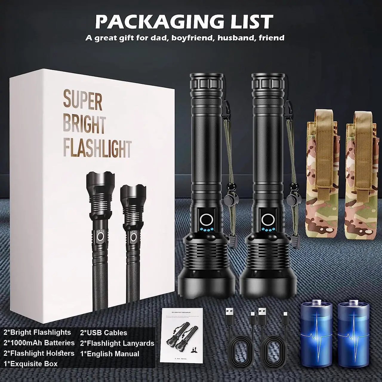 Alt view image 7 of 7 - BERCOL Rechargeable LED Flashlights High Lumens, Super Bright 150000 Lumens Flashlight with 5 Modes & Waterproof, Powerful 10000mAh High Capacity Flash Light for Camping Emergencies - 2 Pack