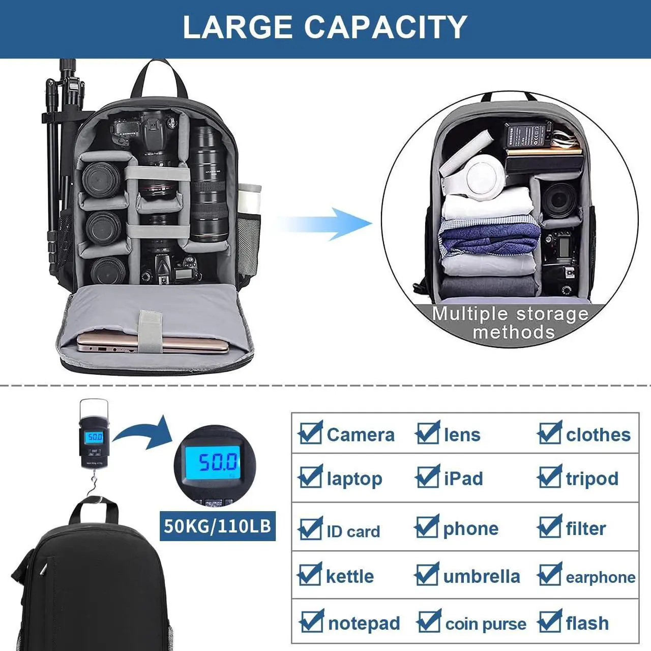 Alt view image 4 of 7 - Cwatcun Waterproof Camera Backpack for DSLR, Mirrorless - Compatible with Sony, Canon, Nikon Camera and Lens Accessories