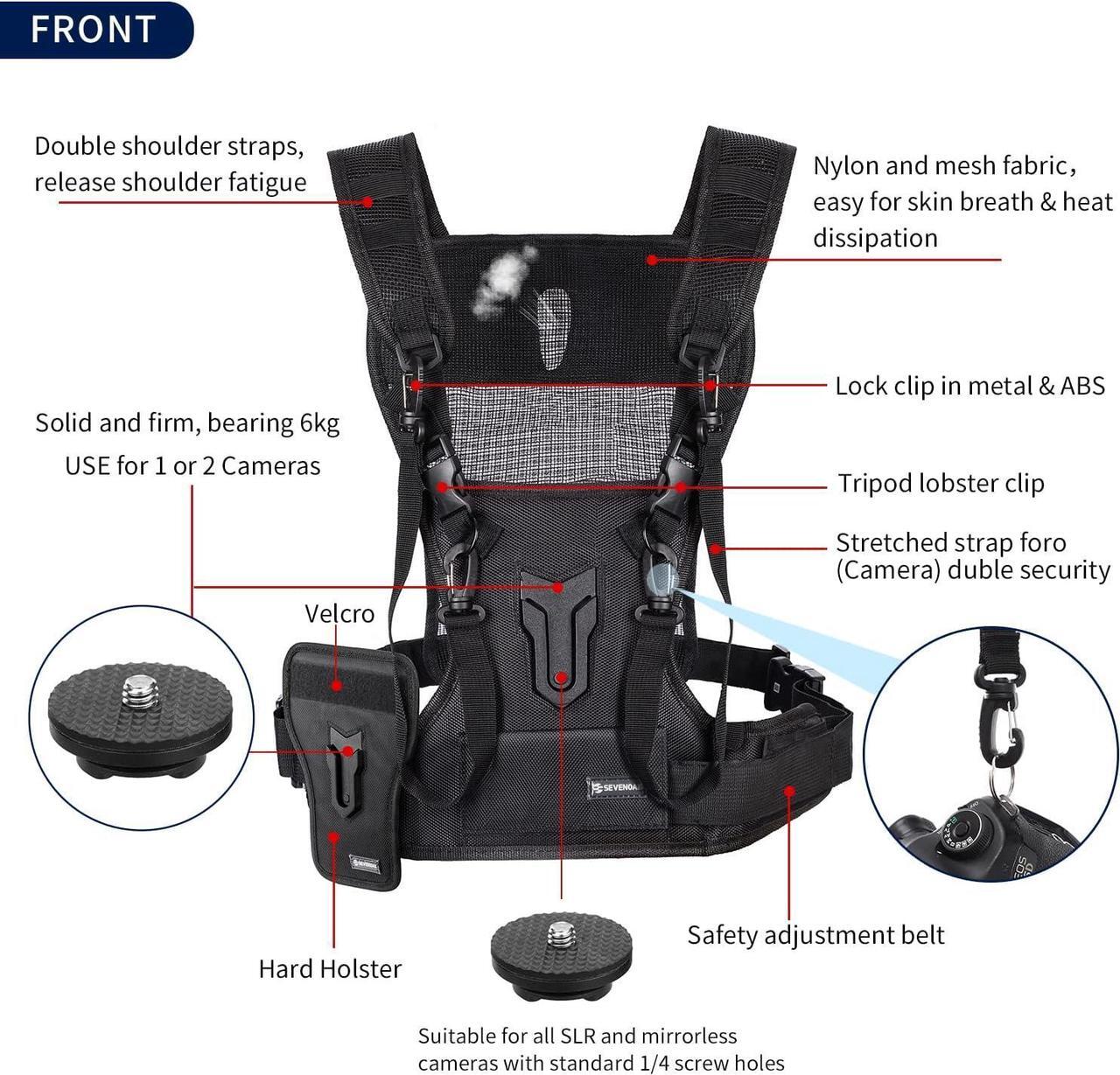 Alt view image 4 of 7 - Dual Camera Harness, SK-MSP01 Multi Carrying Chest Vest System with Side Holster for Canon 6D 600D 5D2 5D3 Nikon D90 Sony A7S A7R A7S2 Panasonic Olympus DSLR Cameras Climbing Wedding Travel