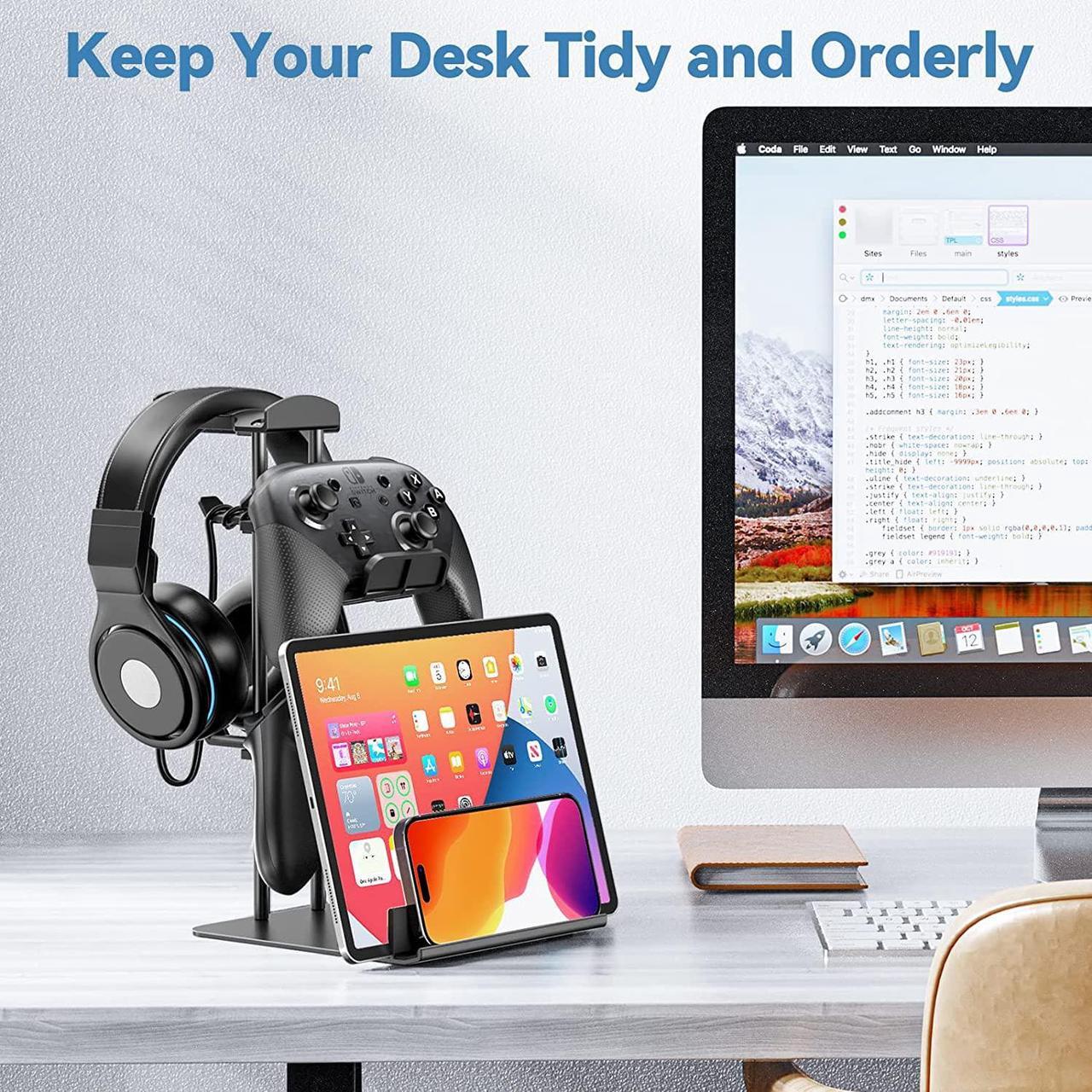 Alt view image 4 of 7 - KDD Headphone Stand, Game Controller Holder & Headset Holder for Desk, Earphone Stand with Aluminum Supporting Bar, Universal Storage Organizer Headphones/Controller/Switch/iPad/Mobile Phone
