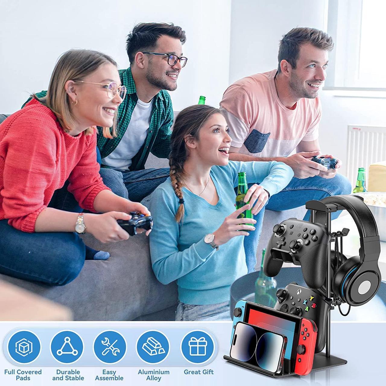 Alt view image 6 of 7 - KDD Headphone Stand, Game Controller Holder & Headset Holder for Desk, Earphone Stand with Aluminum Supporting Bar, Universal Storage Organizer Headphones/Controller/Switch/iPad/Mobile Phone