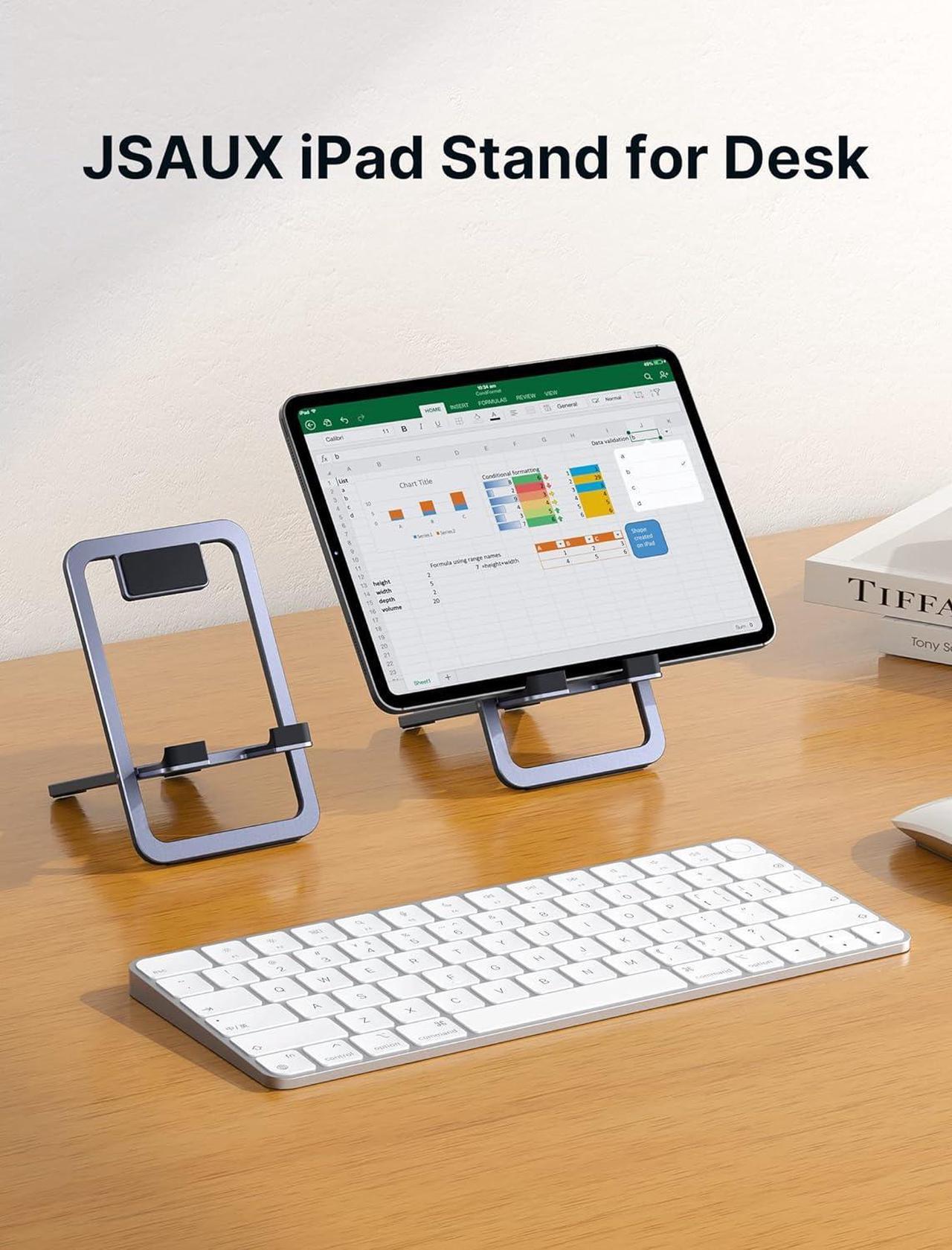Alt view image 2 of 7 - Universal Tablet Stand Portable Foldable Tablet Holder for Desk Compatible with iPad Mini/Air  Galaxy Tab Kindle Fire Steam Deck Switch ROG Ally iPhone and Other Tablets-Gray