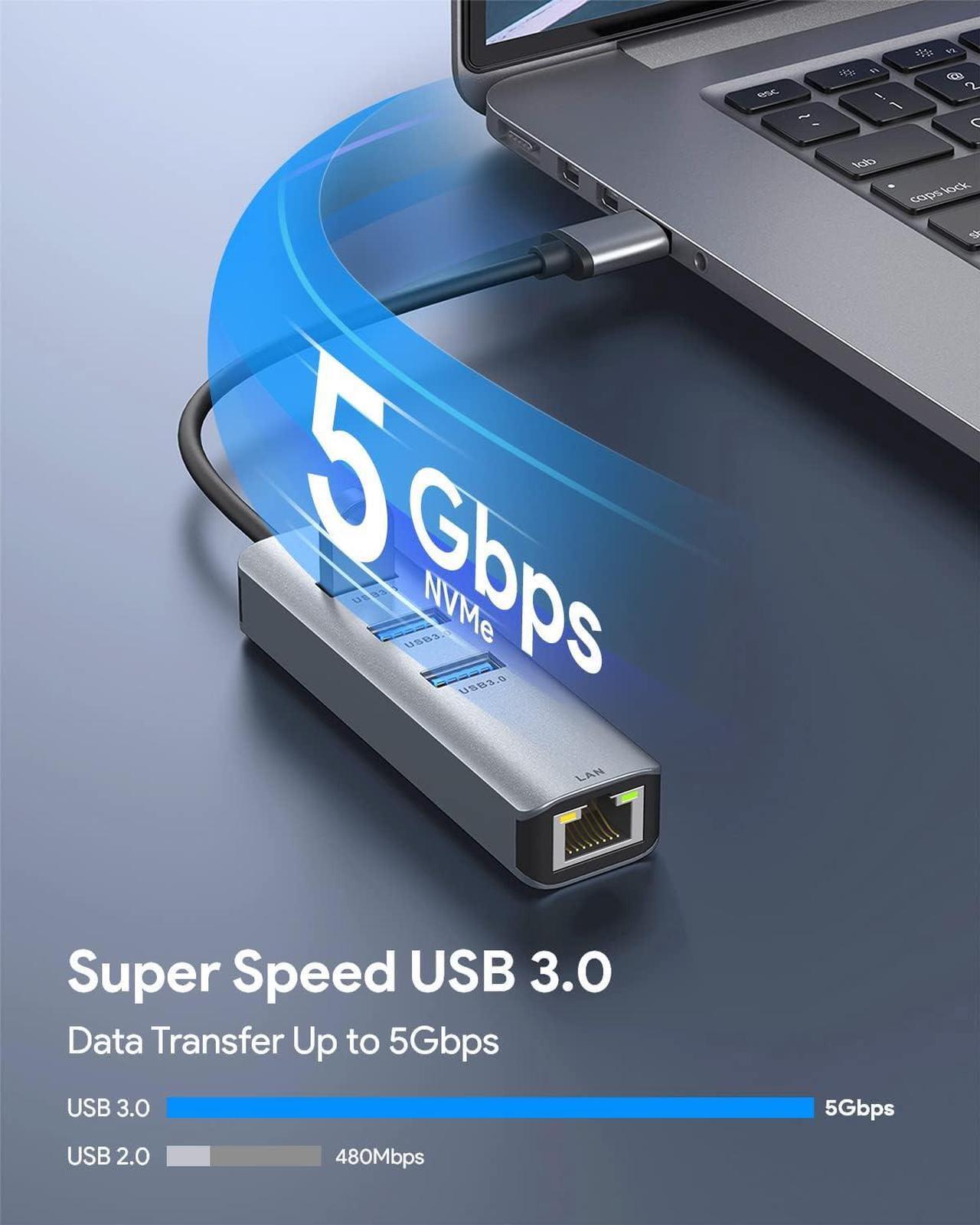 Alt view image 4 of 7 - USB 3.0 to Ethernet Adapter,ABLEWE 3-Port USB 3.0 Hub with RJ45 10/100/1000 Gigabit Ethernet Adapter Support Windows 10,8.1,Mac OS, Surface Pro,Linux,Chromebook and More