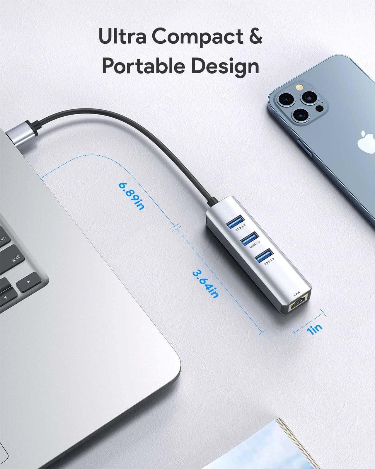 Alt view image 6 of 7 - USB 3.0 to Ethernet Adapter,ABLEWE 3-Port USB 3.0 Hub with RJ45 10/100/1000 Gigabit Ethernet Adapter Support Windows 10,8.1,Mac OS, Surface Pro,Linux,Chromebook and More