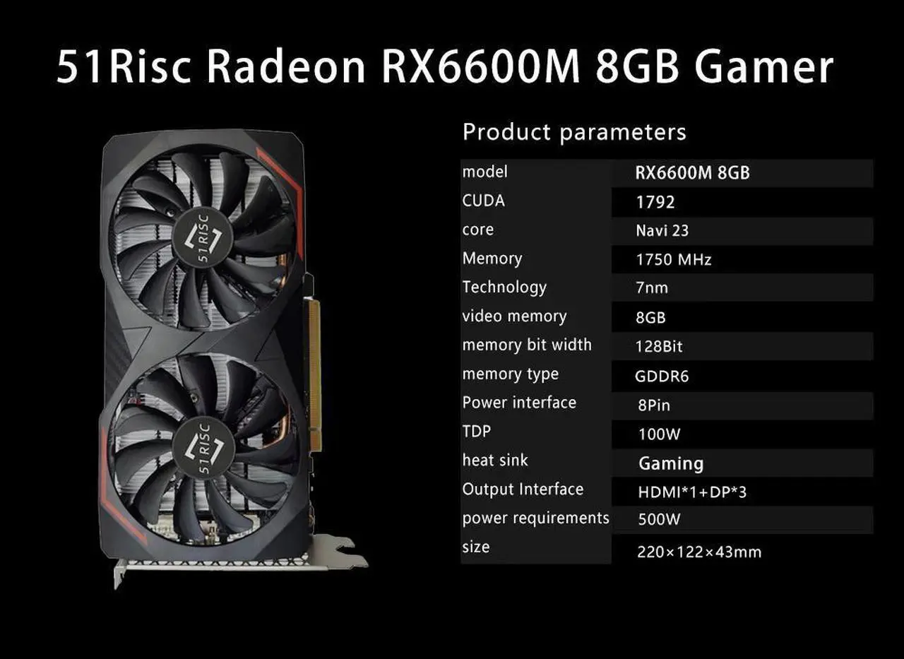 Alt view image 6 of 7 - 51RISC RX6600M 8GB Graphics Card GPU GDDR6 128-bit 14 Gbps 7nm video card Support Desktop CPU placa de video RX6600