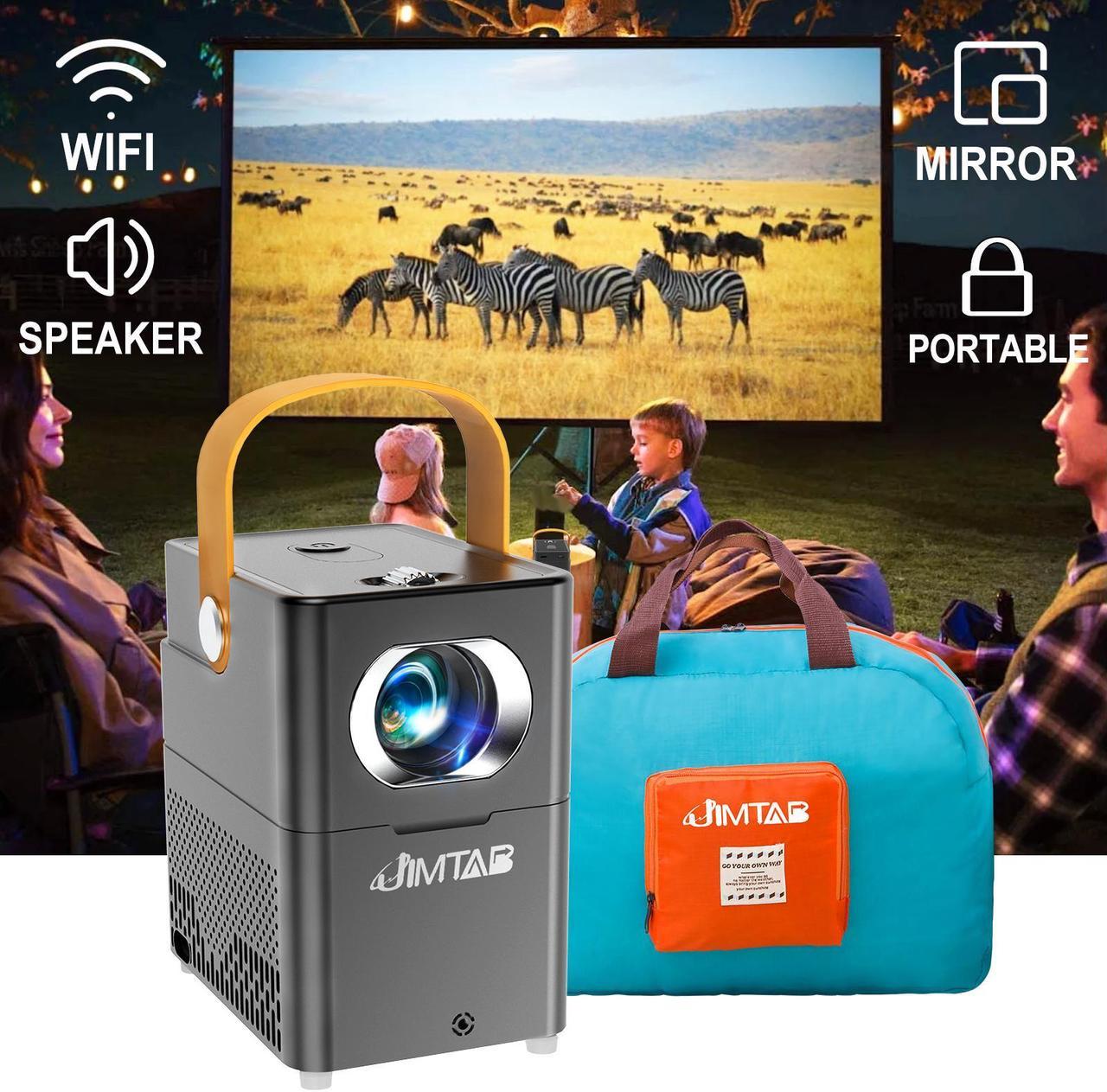 JIMTAB Mini Portable WiFi Bluetooth Projector, 2024 Wifi Game Outdoor Projector Support HD 1080P, Mini Movie Theater Cartoon Children's Projector Dual Speakers Surround Sound with Blue Foldable Bag