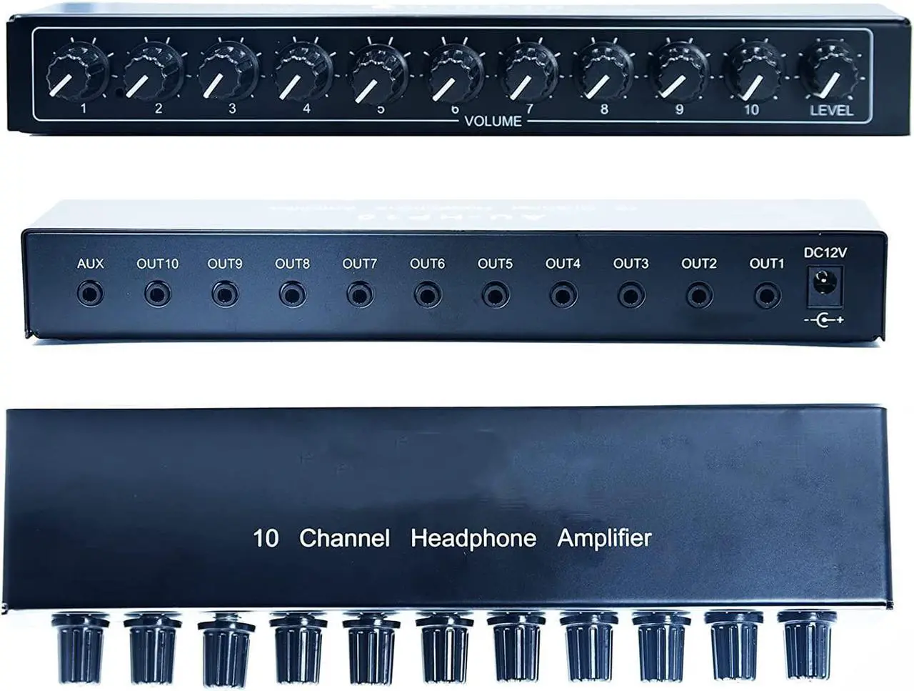 Main image of Mini Jack TRS 3.5 mm Input 1 in 10 Out Channel Headphone Amplifier Stereo Audio Amp with 12V 1A Power Adapter Distributor Headphone Splitter for Studio and Stage