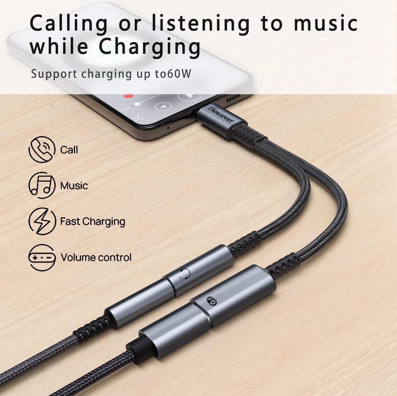 Alt view image 2 of 7 - USB C to 3.5mm Headphone and Charger Adapter 2-in-1 USB C to Aux Audio Adapter with PD 60W Fast Charging Compatible with Apple iPhone 15/15Plus/15Pro/15Pro Max Samsung S23/S22/S21 iPad Pixel 7/6