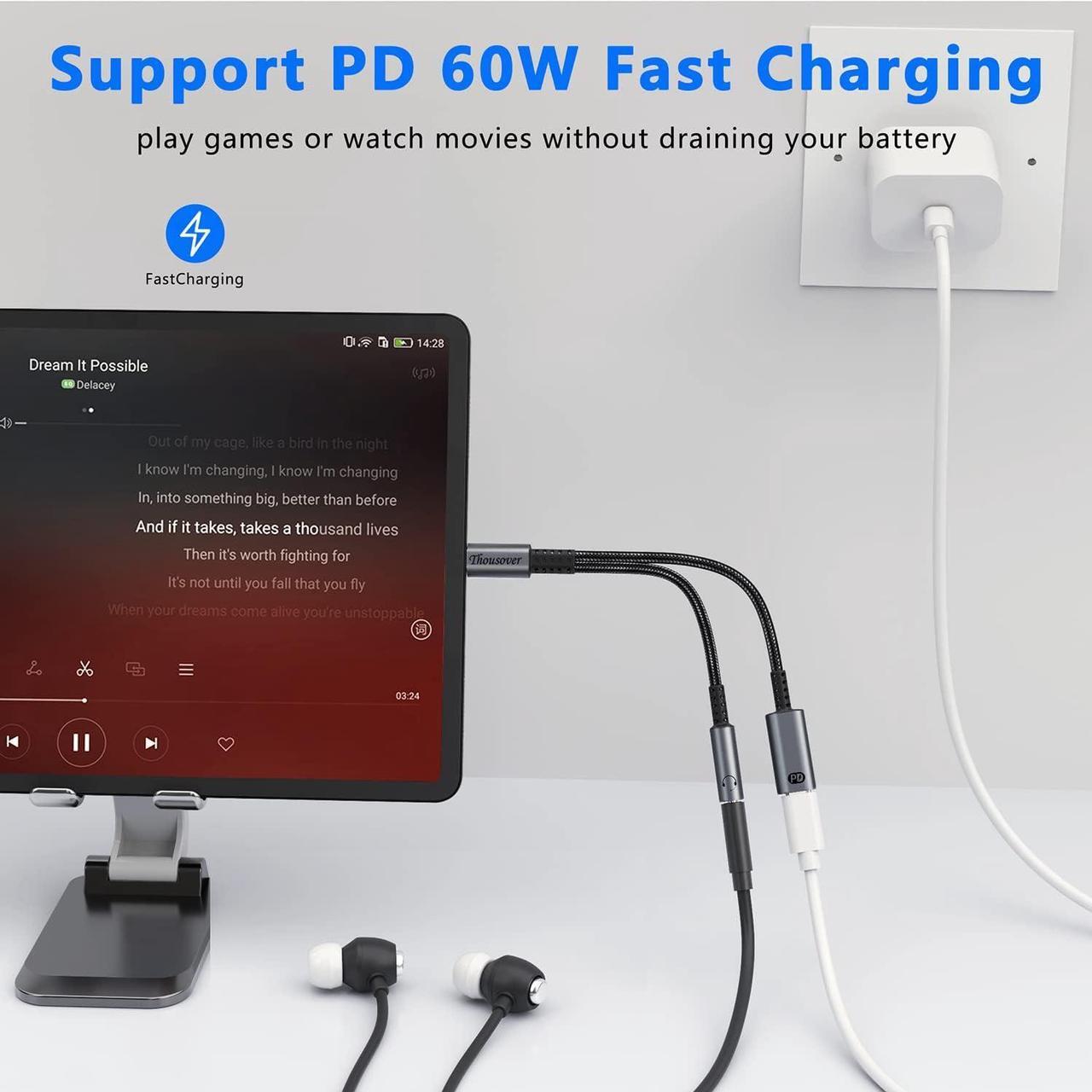 Alt view image 3 of 7 - USB C to 3.5mm Headphone and Charger Adapter 2-in-1 USB C to Aux Audio Adapter with PD 60W Fast Charging Compatible with Apple iPhone 15/15Plus/15Pro/15Pro Max Samsung S23/S22/S21 iPad Pixel 7/6