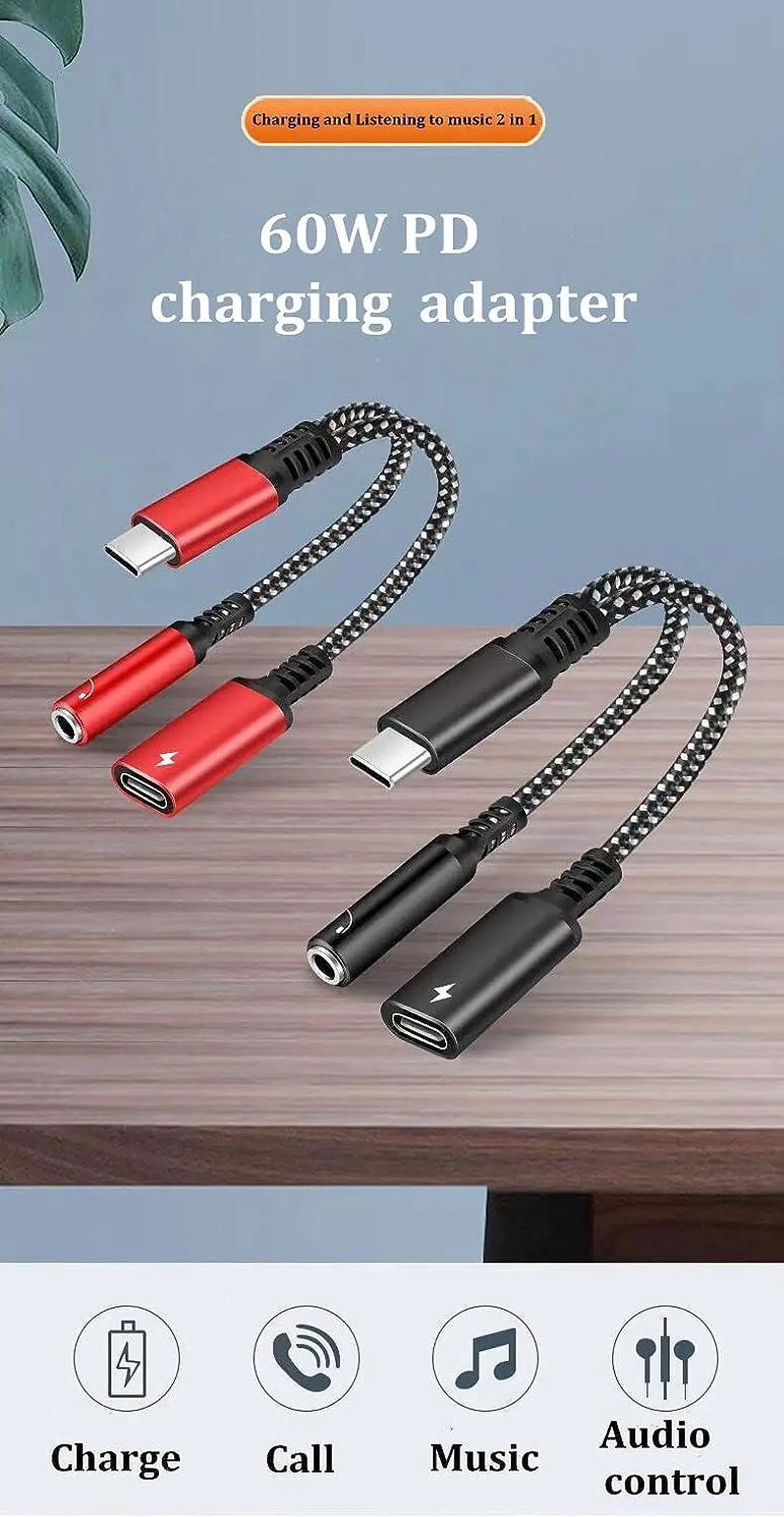 Alt view image 3 of 5 - USB C to 3.5mm Audio Jack and PD Charger Adapter Cable 2-in-1 Splitter Cord Type C to 3.5 mm Headphones Aux with 60W Fast Charging Port Wire