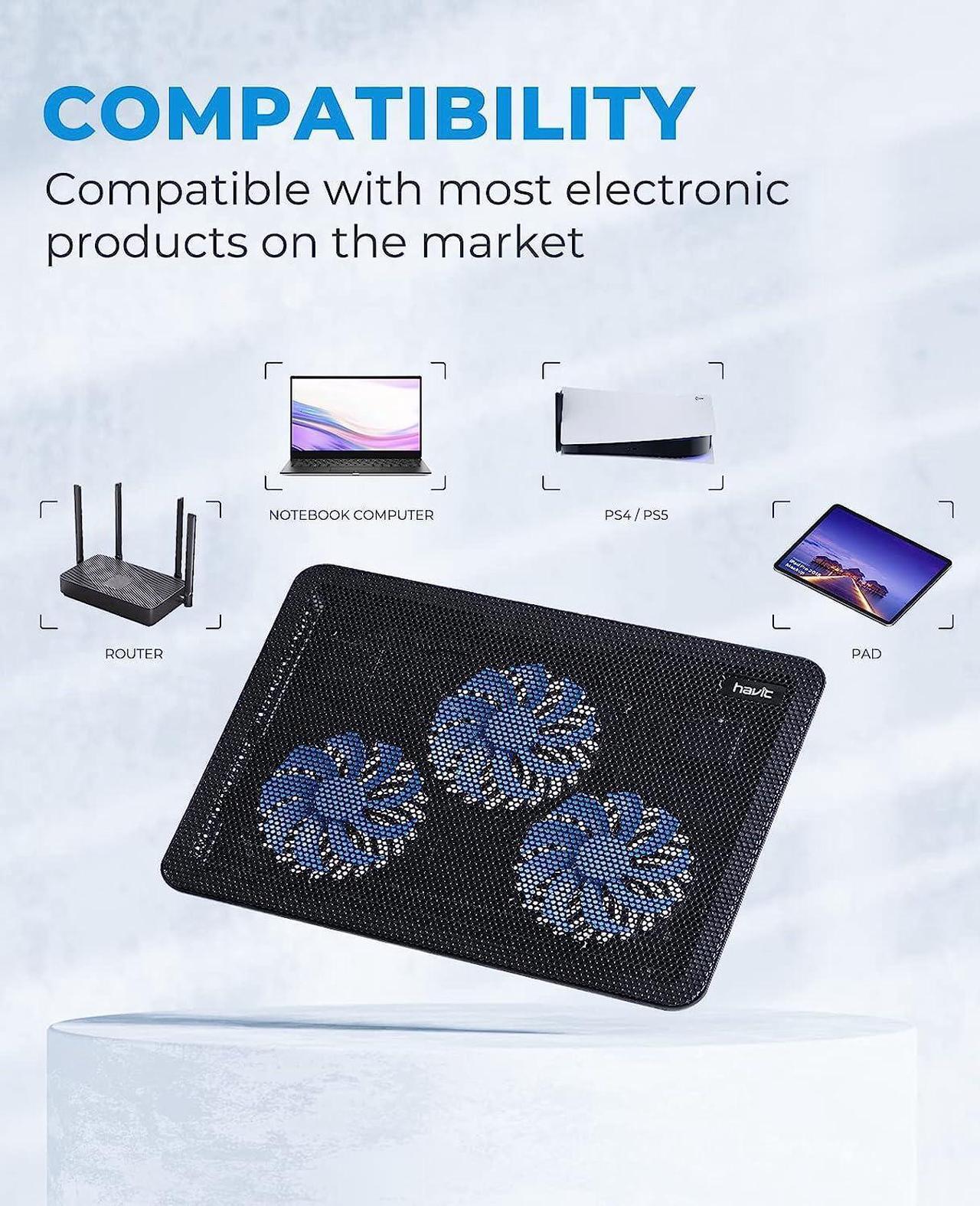 Alt view image 3 of 7 - havit HV-F2056 15.6"-17" Laptop Cooler Cooling Pad - Slim Portable USB Powered (3 Fans), Black/Blue