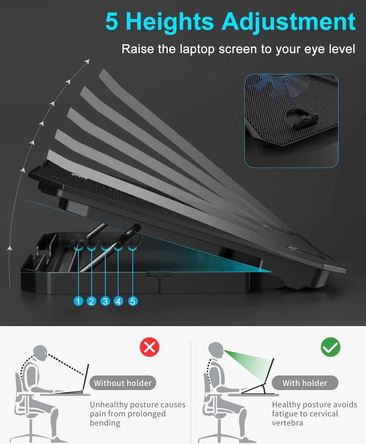 Alt view image 3 of 7 - KeiBn Laptop Cooling Pad, Gaming Laptop Cooler 2 Fans for 10-15.6 Inch Laptops, 5 Height Stands, 2 USB Ports (S039)