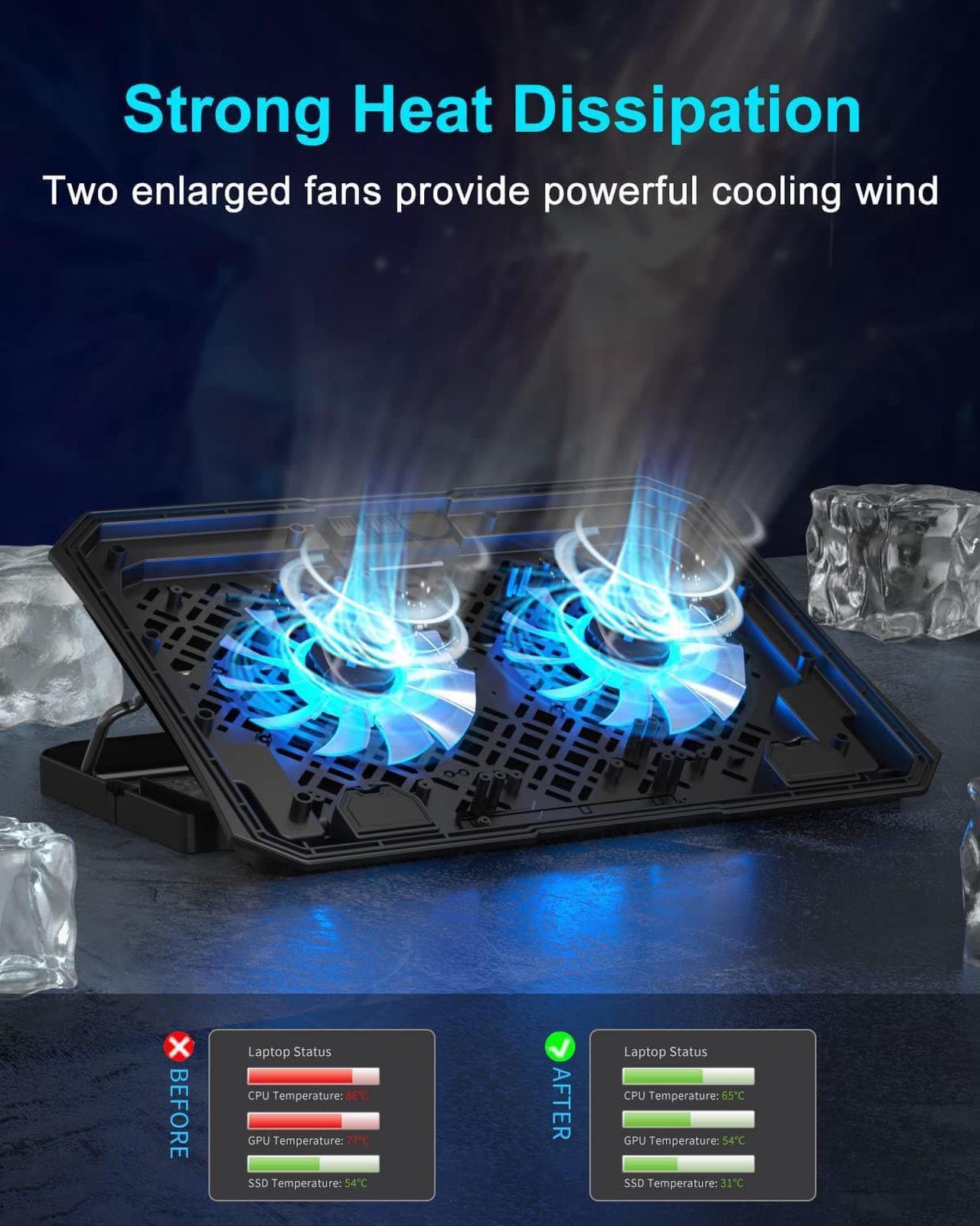 Alt view image 2 of 7 - KeiBn Laptop Cooling Pad, Gaming Laptop Cooler 2 Fans for 10-15.6 Inch Laptops, 5 Height Stands, 2 USB Ports (S039)