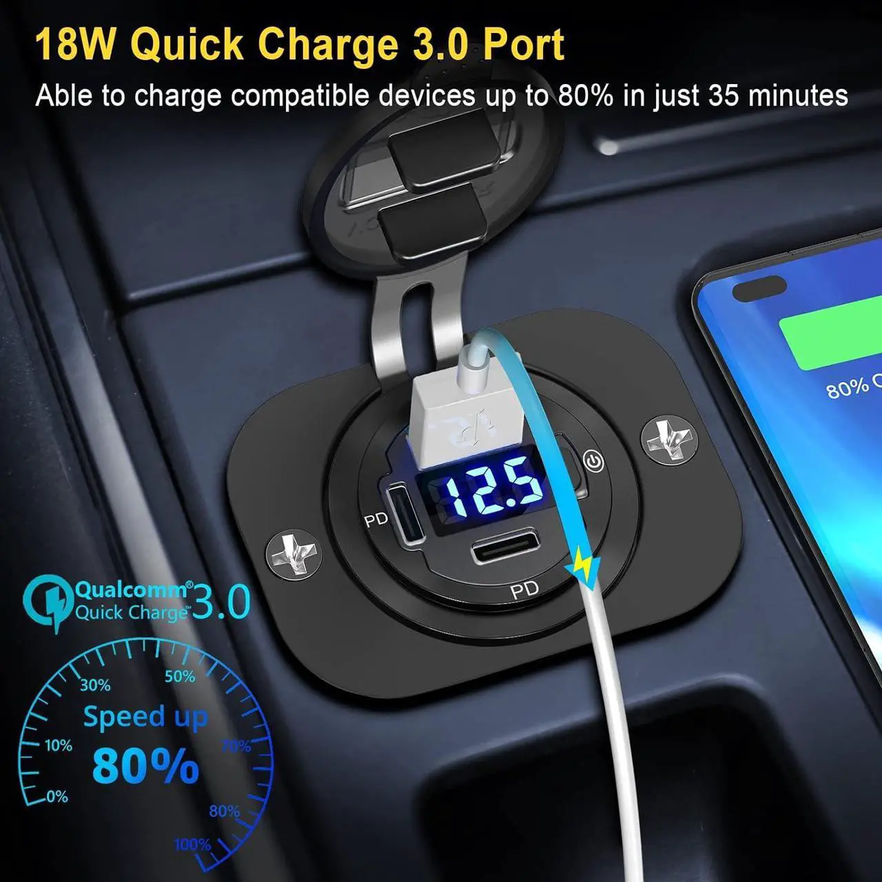 Alt view image 3 of 7 - USB C Car Charger Socket 12V USB Outlet 2 Pack: Aluminum Metal 78W Dual PD 30W and 18W QC3.0 Port Multi Charger Outlet with LED Voltmeter Power Switch for RV Motorcycle Boat Marine