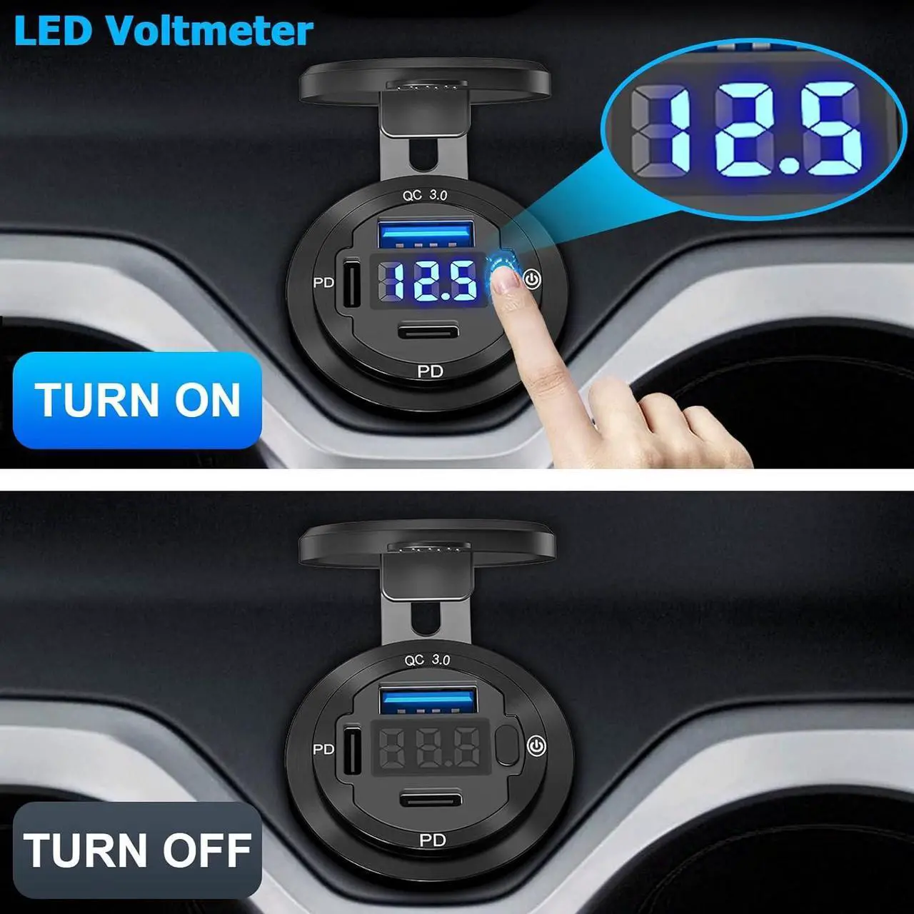 Alt view image 4 of 7 - USB C Car Charger Socket 12V USB Outlet 2 Pack: Aluminum Metal 78W Dual PD 30W and 18W QC3.0 Port Multi Charger Outlet with LED Voltmeter Power Switch for RV Motorcycle Boat Marine