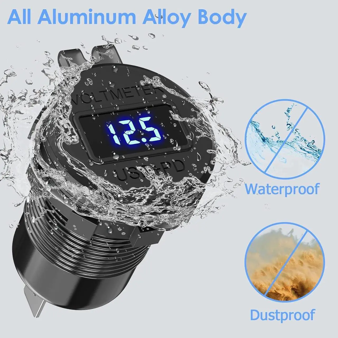 Alt view image 6 of 7 - USB C Car Charger Socket 12V USB Outlet 2 Pack: Aluminum Metal 78W Dual PD 30W and 18W QC3.0 Port Multi Charger Outlet with LED Voltmeter Power Switch for RV Motorcycle Boat Marine