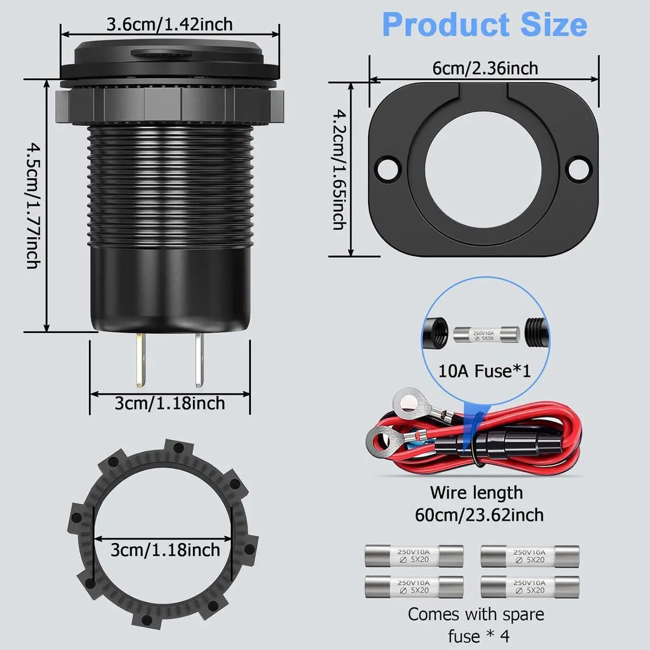 Alt view image 7 of 7 - USB C Car Charger Socket 12V USB Outlet 2 Pack: Aluminum Metal 78W Dual PD 30W and 18W QC3.0 Port Multi Charger Outlet with LED Voltmeter Power Switch for RV Motorcycle Boat Marine